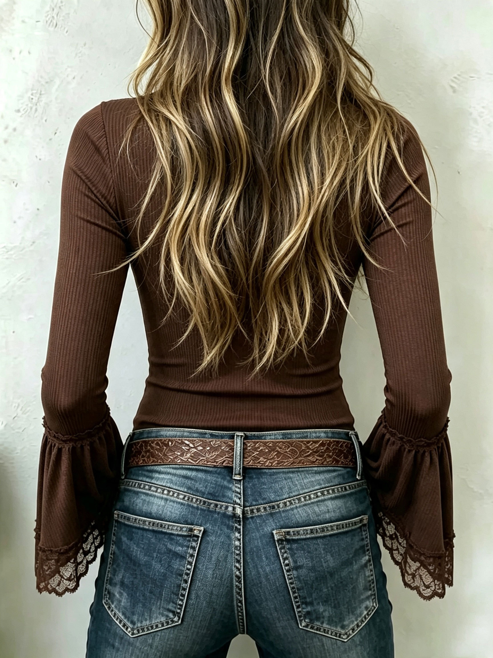 Women Brown Ribbed Knit Lace V‑Neck Flare Long Sleeve Top.