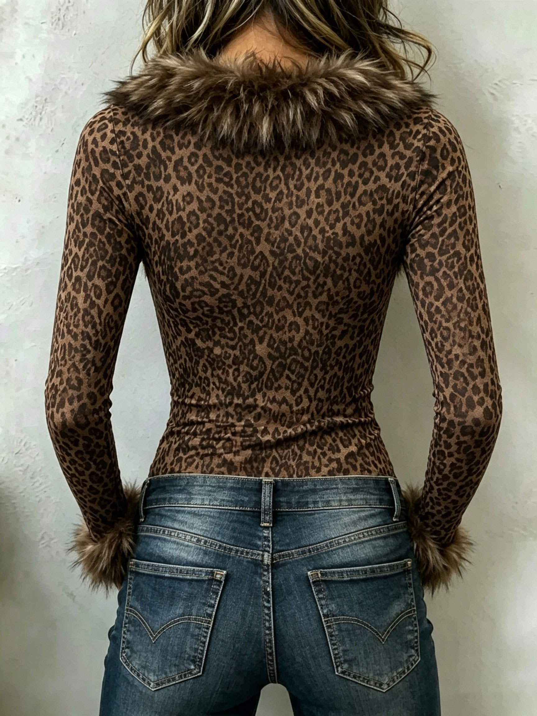 Women Leopard‑Print Fluffy Trim V‑Neck Slim Fit Long‑Sleeve Top.