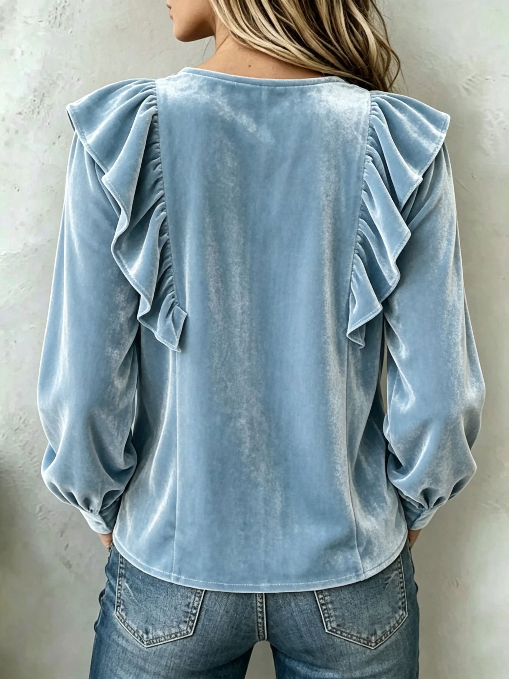 Women Velvet Ruffle V‑Neck Button‑Cuff Lantern Long‑Sleeve Blouse.