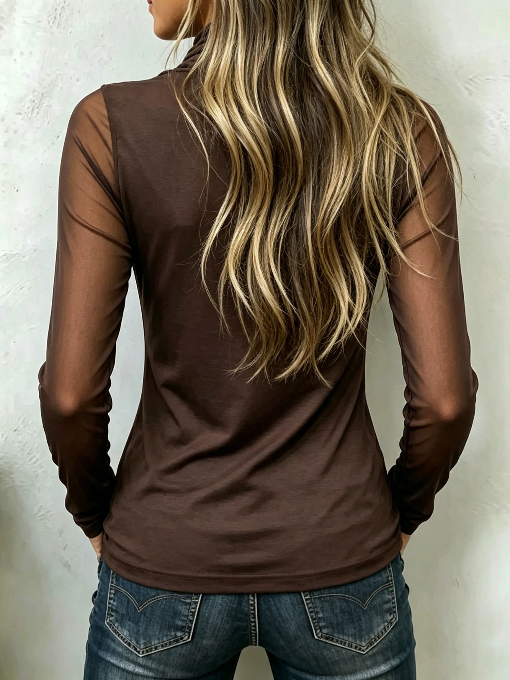 Women's Cowl‑Neck Mesh Splice Long‑Sleeve Top With Floral Embroidery.