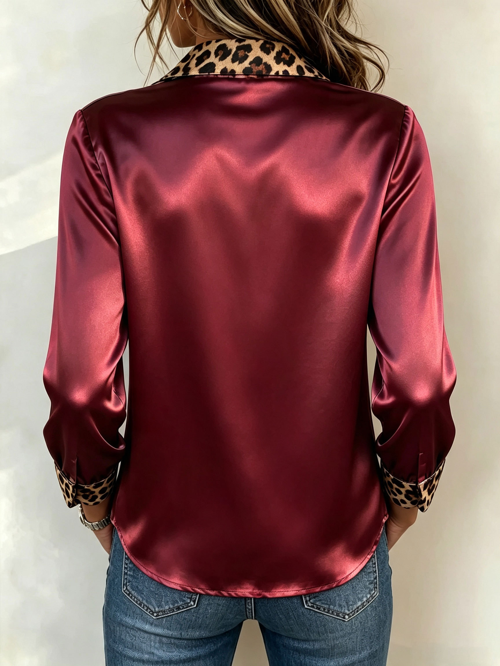 Women Satin Long‑Sleeve Shirt Leopard Print Collar And Cuff Patchwork Blouse.