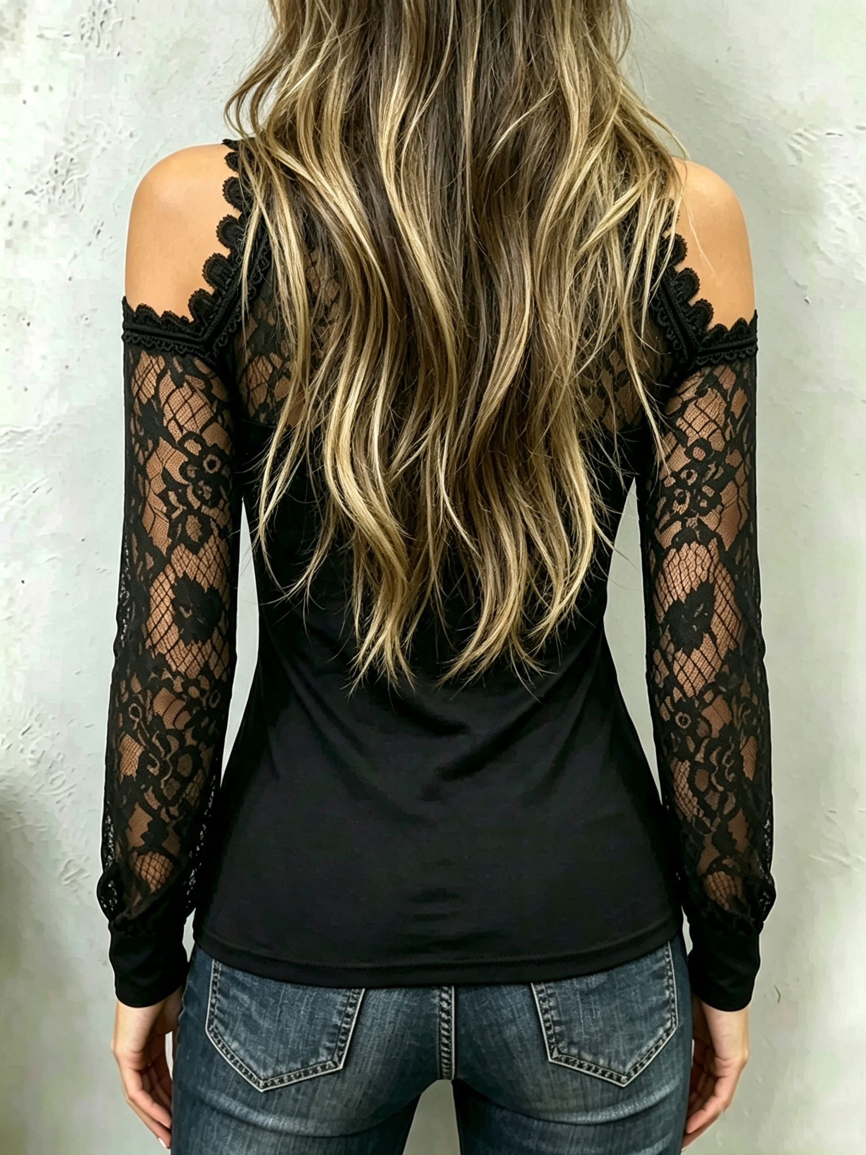Women Black Spliced Lace Cold‑Shoulder Hollow‑Out Long‑Sleeve Slim‑Fit Top.