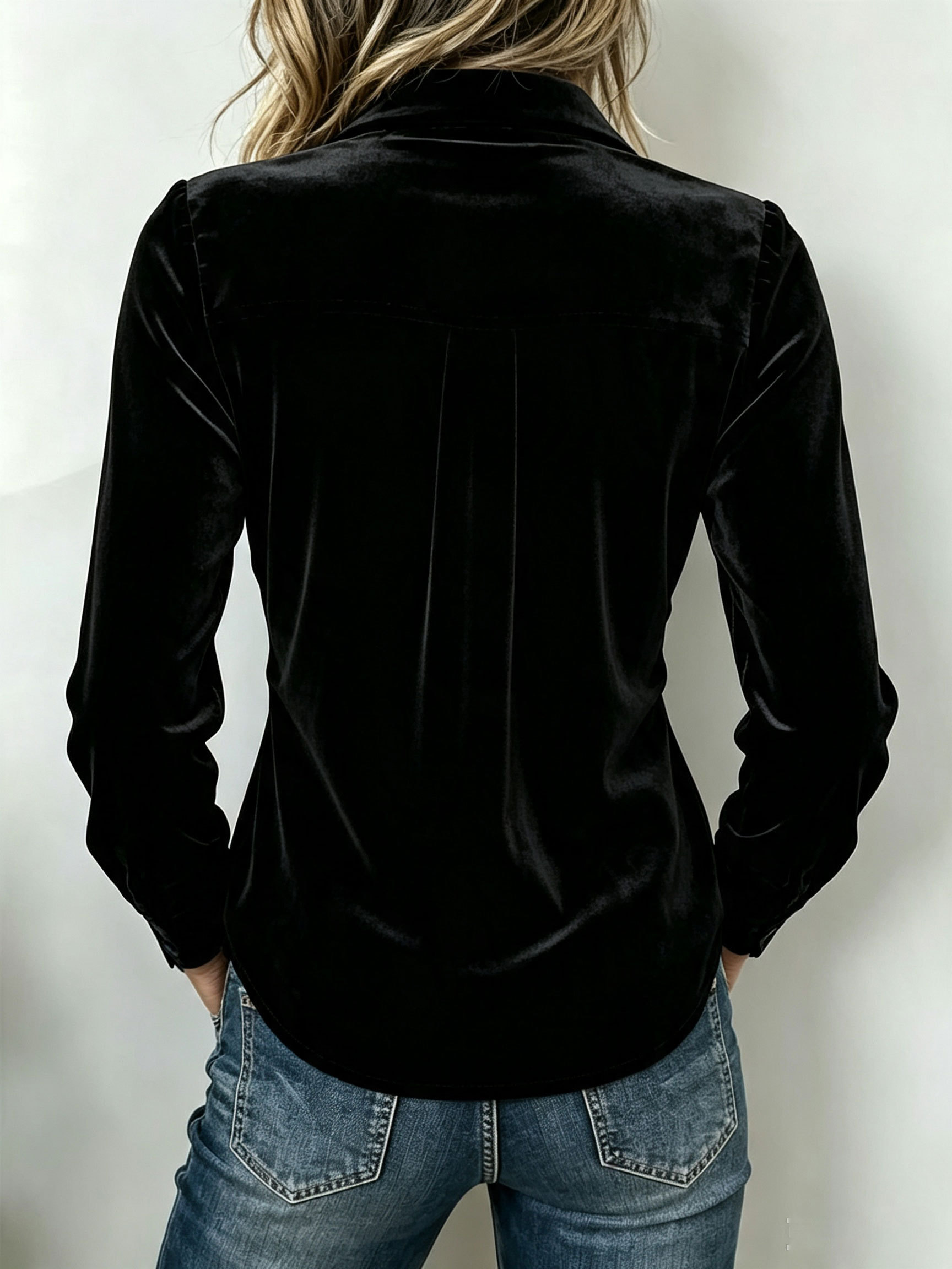 Black Velvet Turn‑down Collar Shirt Front Ruched Waist Long‑Sleeve Blouse.
