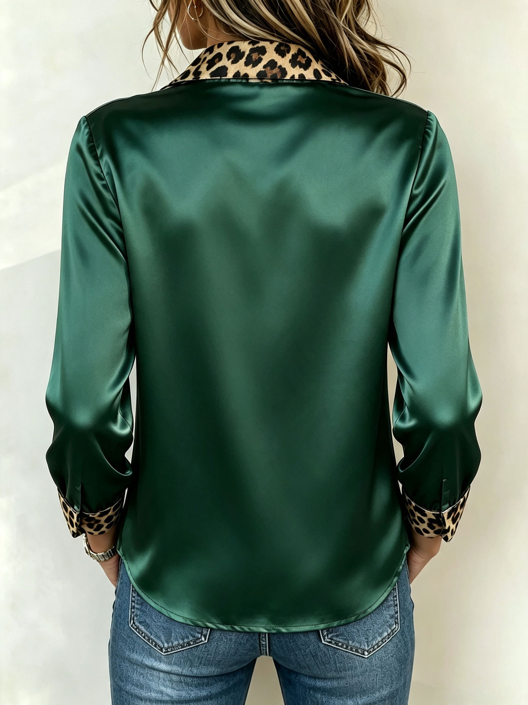 Women Satin Long‑Sleeve Shirt Leopard Print Collar And Cuff Patchwork Blouse.