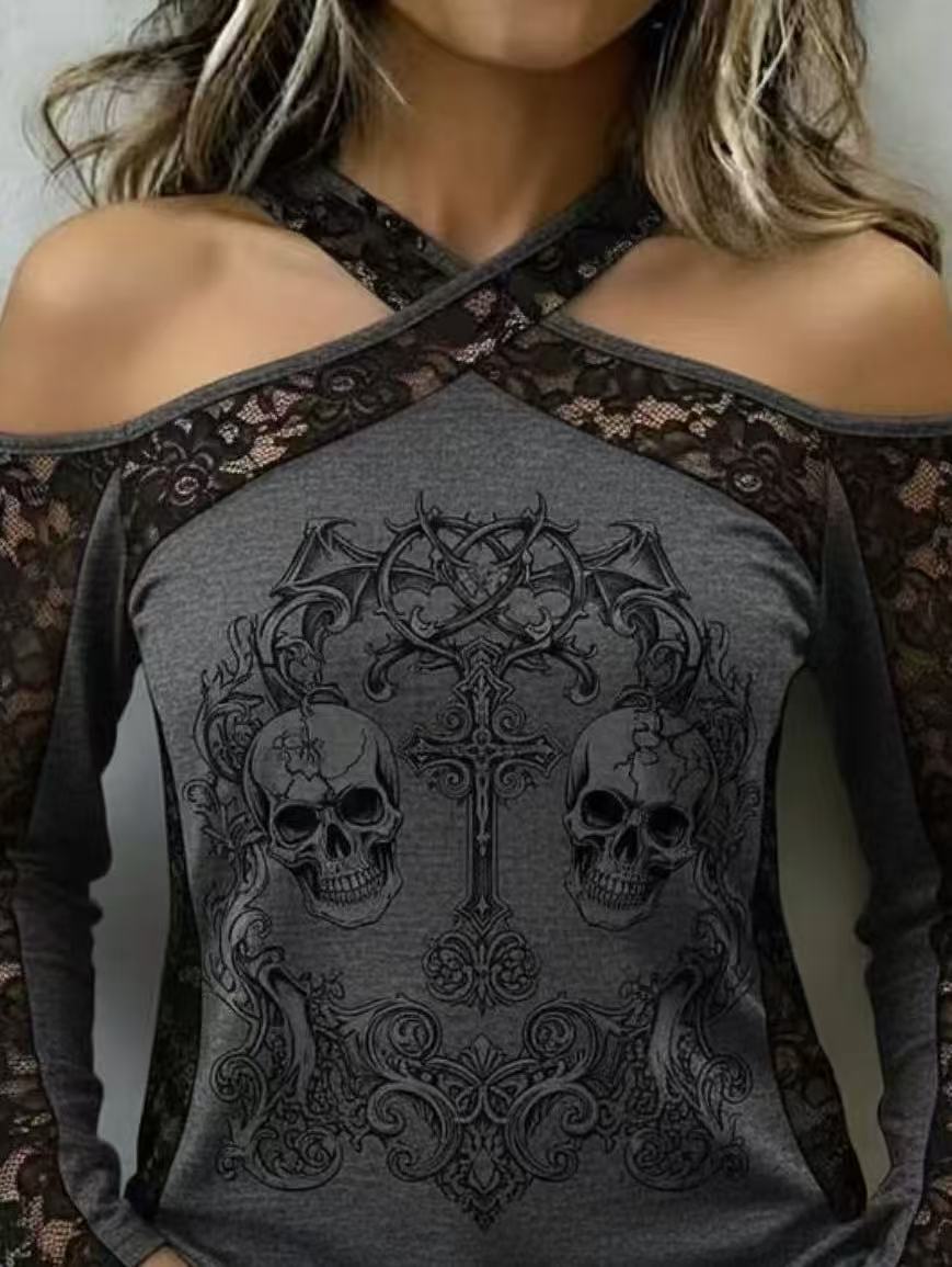 Gothic Skull Print Lace Patchwork Off‑Shoulder Halter Long Sleeve Top.