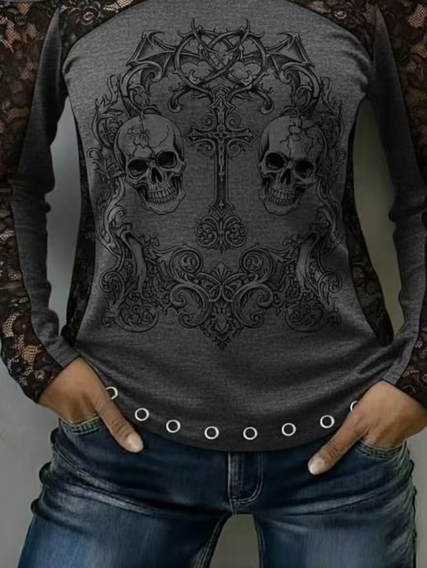 Gothic Skull Print Lace Patchwork Off‑Shoulder Halter Long Sleeve Top.