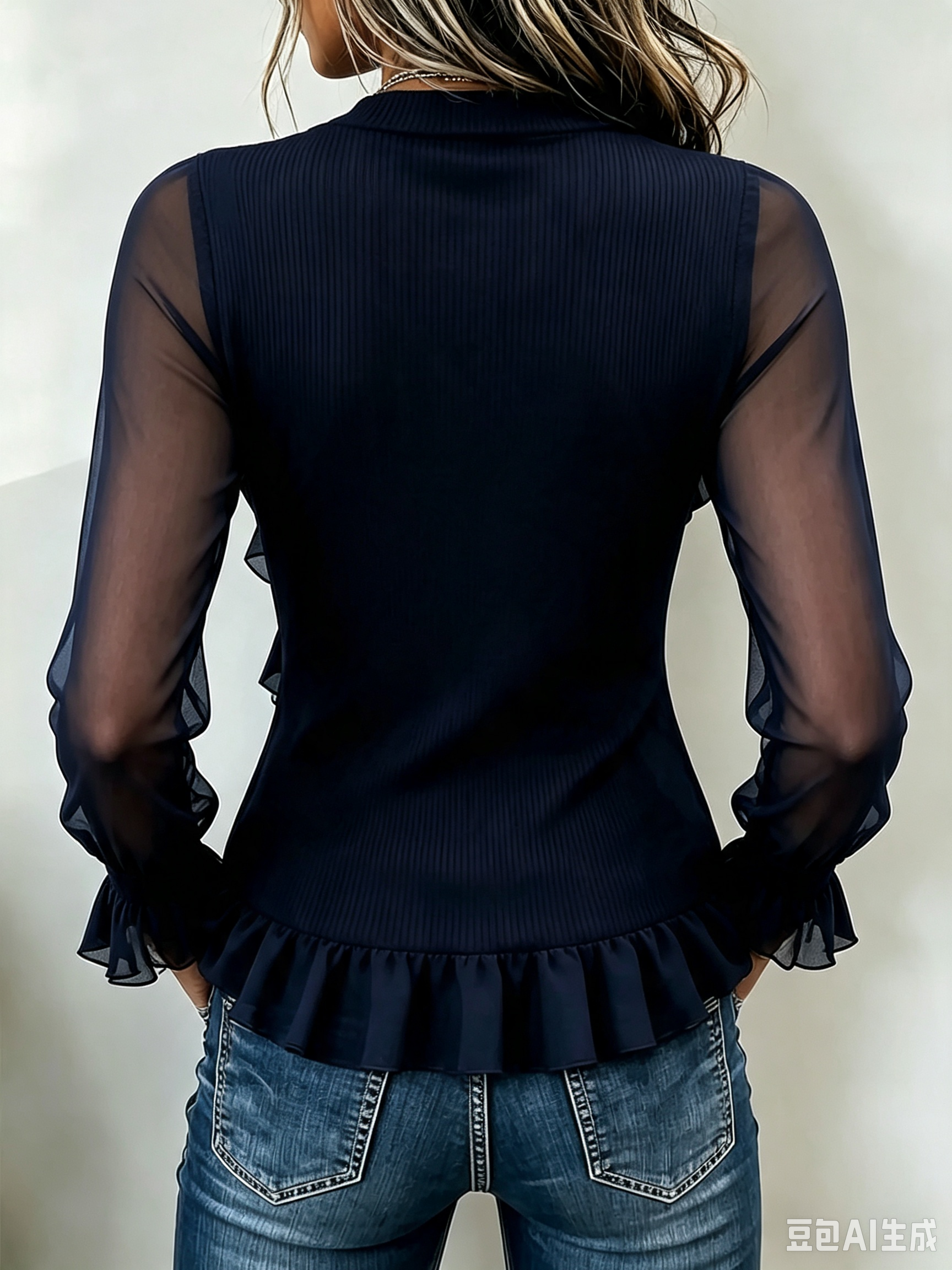 Women's Ruffle Sheer Mesh Long‑Sleeve Cowl Neck Spliced Knit Top.