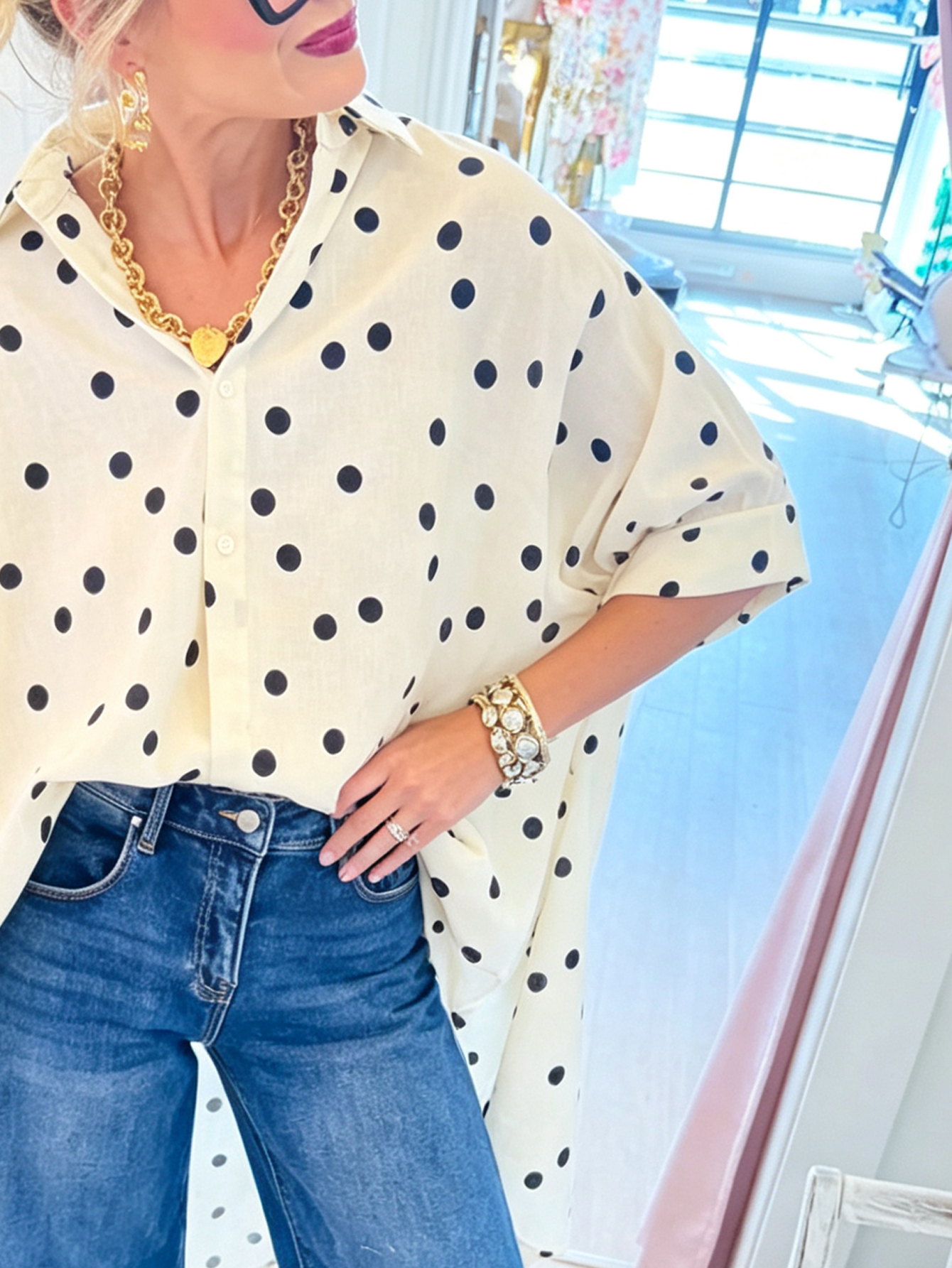 Whimsical Polka Dot Asymmetric Hem Button-Down Shirt