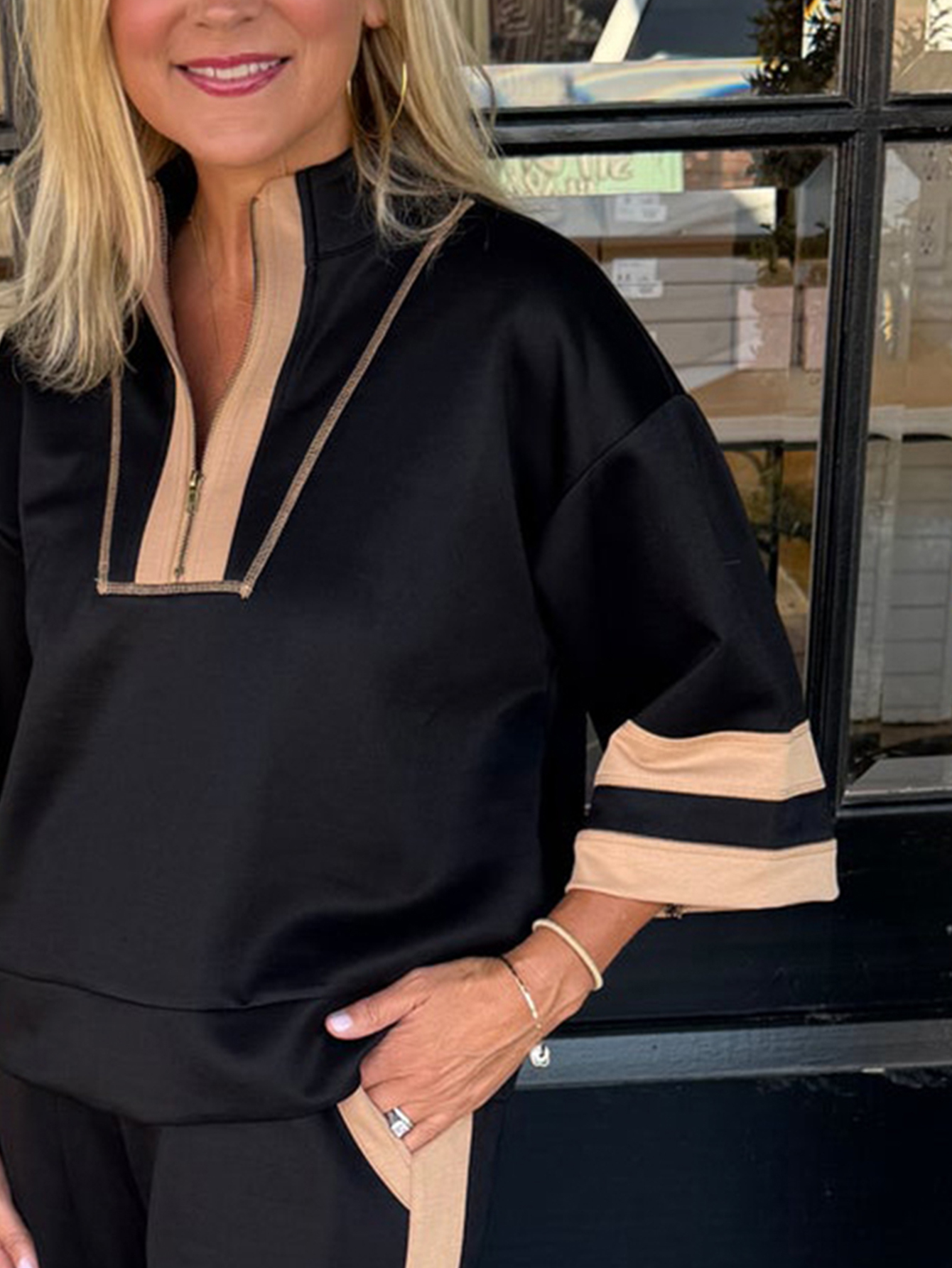 Black & Light brown Colorblock Zip-Neck Top & Side-Stripe Wide-Leg Pant Set
