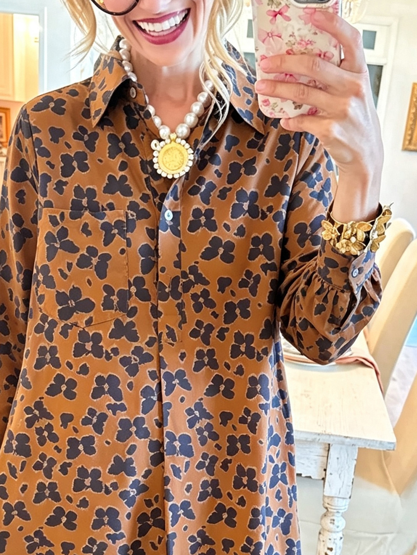 Autumn  Abstract Floral Long Sleeve Shirt Dress – Relaxed Fit Tunic with Button-Down Front