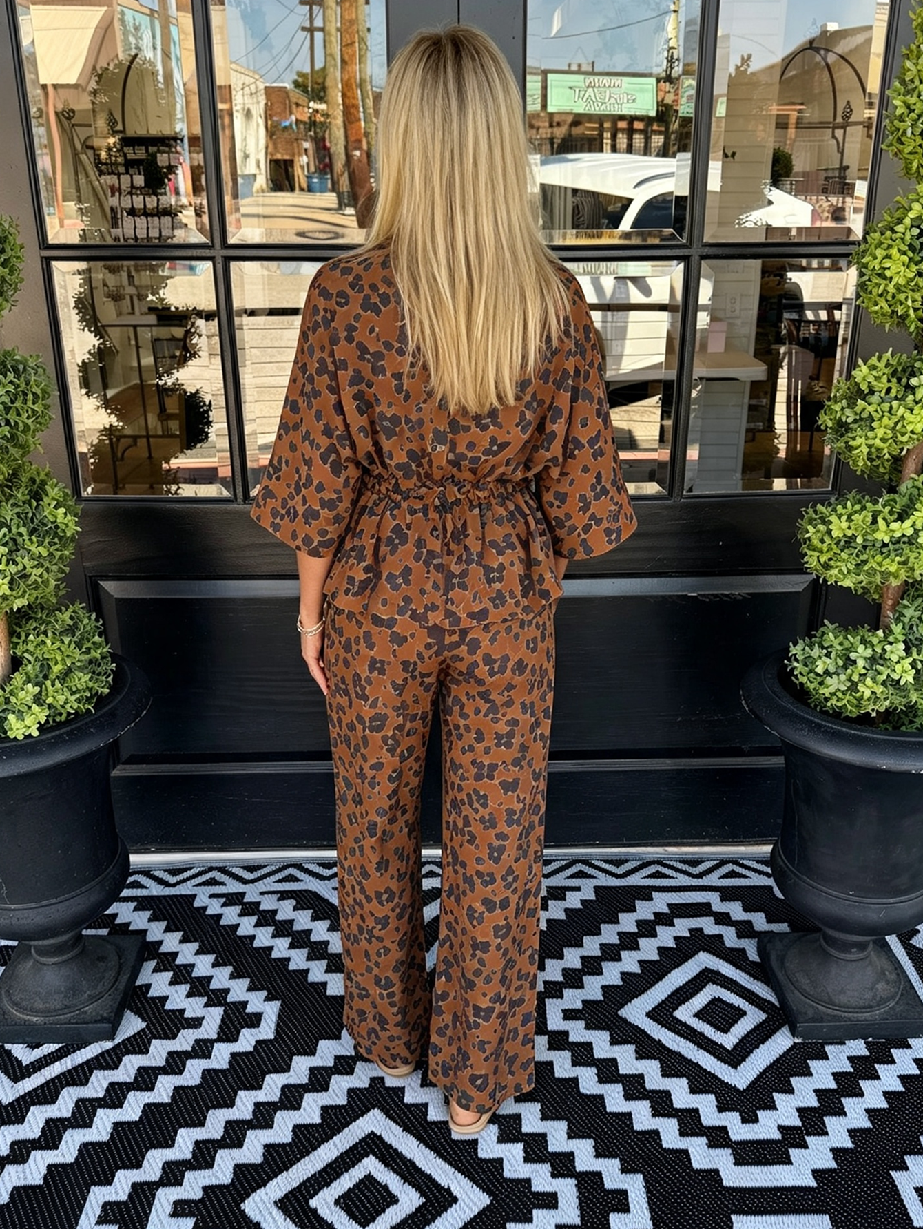 Rust Leopard Collared Shirt & Wide-Leg Pant Lounge Set