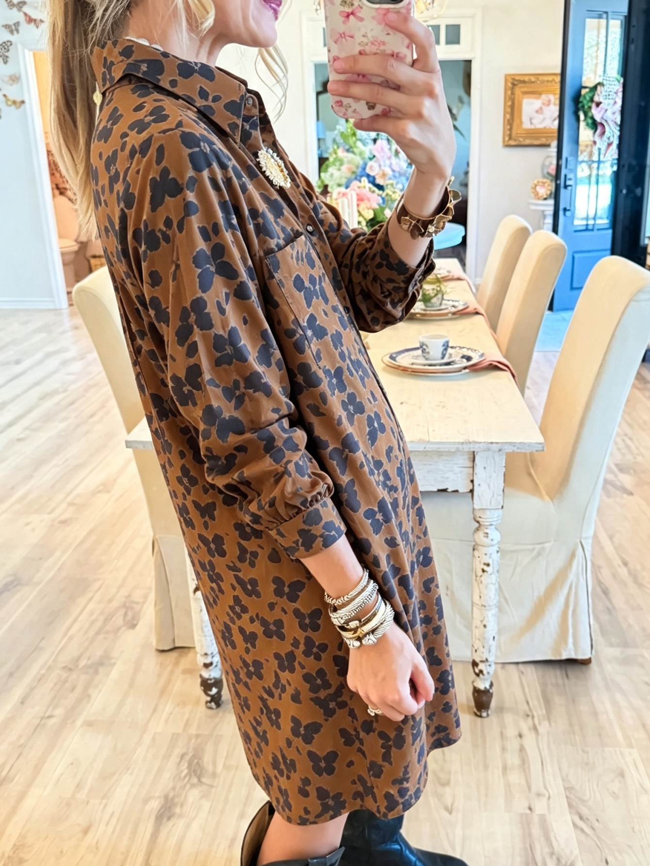 Autumn  Abstract Floral Long Sleeve Shirt Dress – Relaxed Fit Tunic with Button-Down Front
