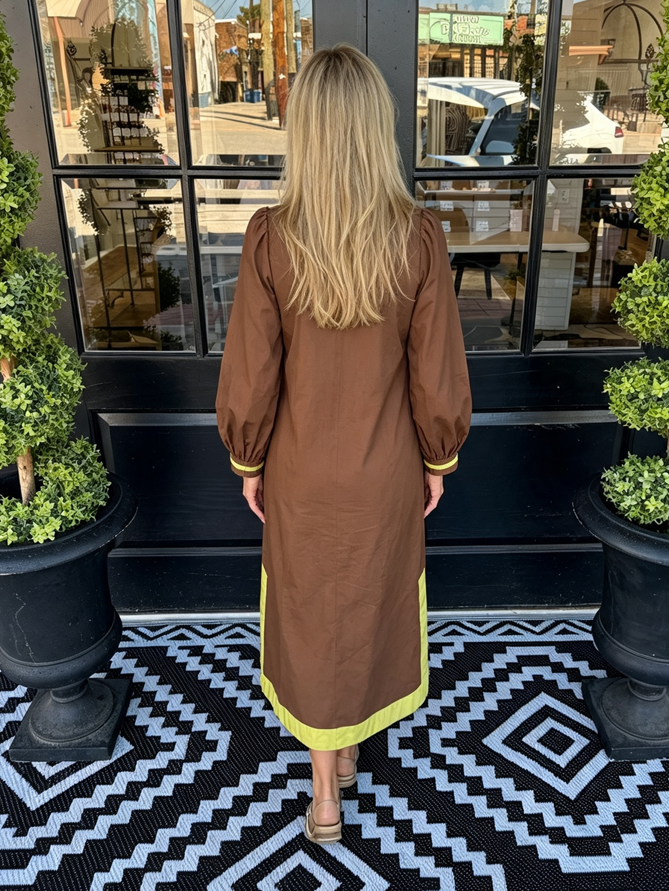 Women Brown Mustard Yellow Contrast Floral Embroidery Long Puff Sleeve Split Midi Caftan Dress