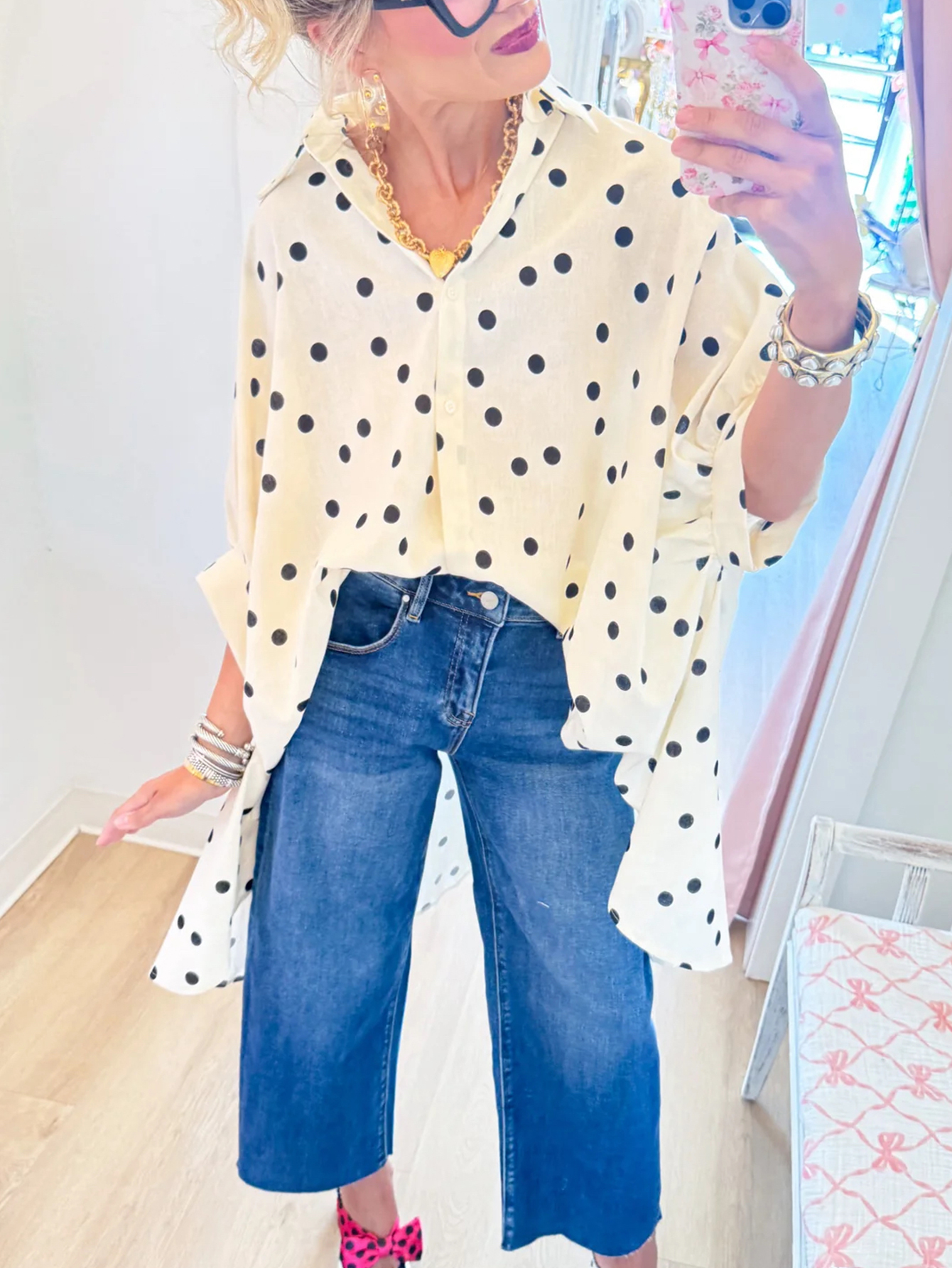 Whimsical Polka Dot Asymmetric Hem Button-Down Shirt