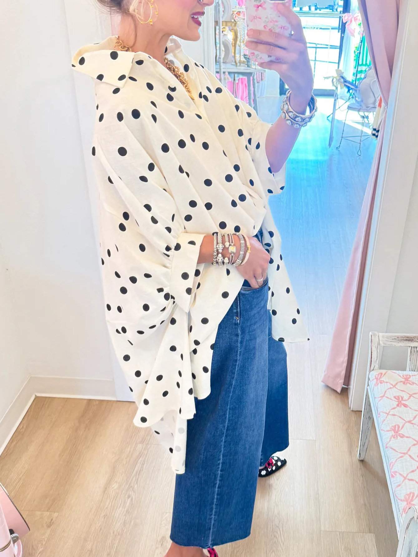 Whimsical Polka Dot Asymmetric Hem Button-Down Shirt