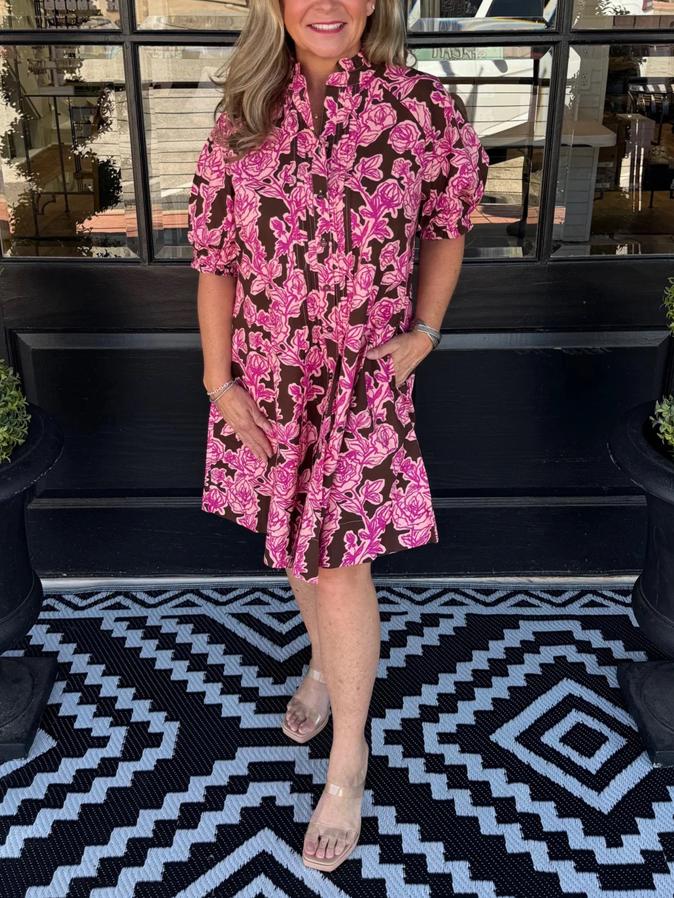 Brown Base Magenta Floral Print Puff Short Sleeve Shift Mini Dress