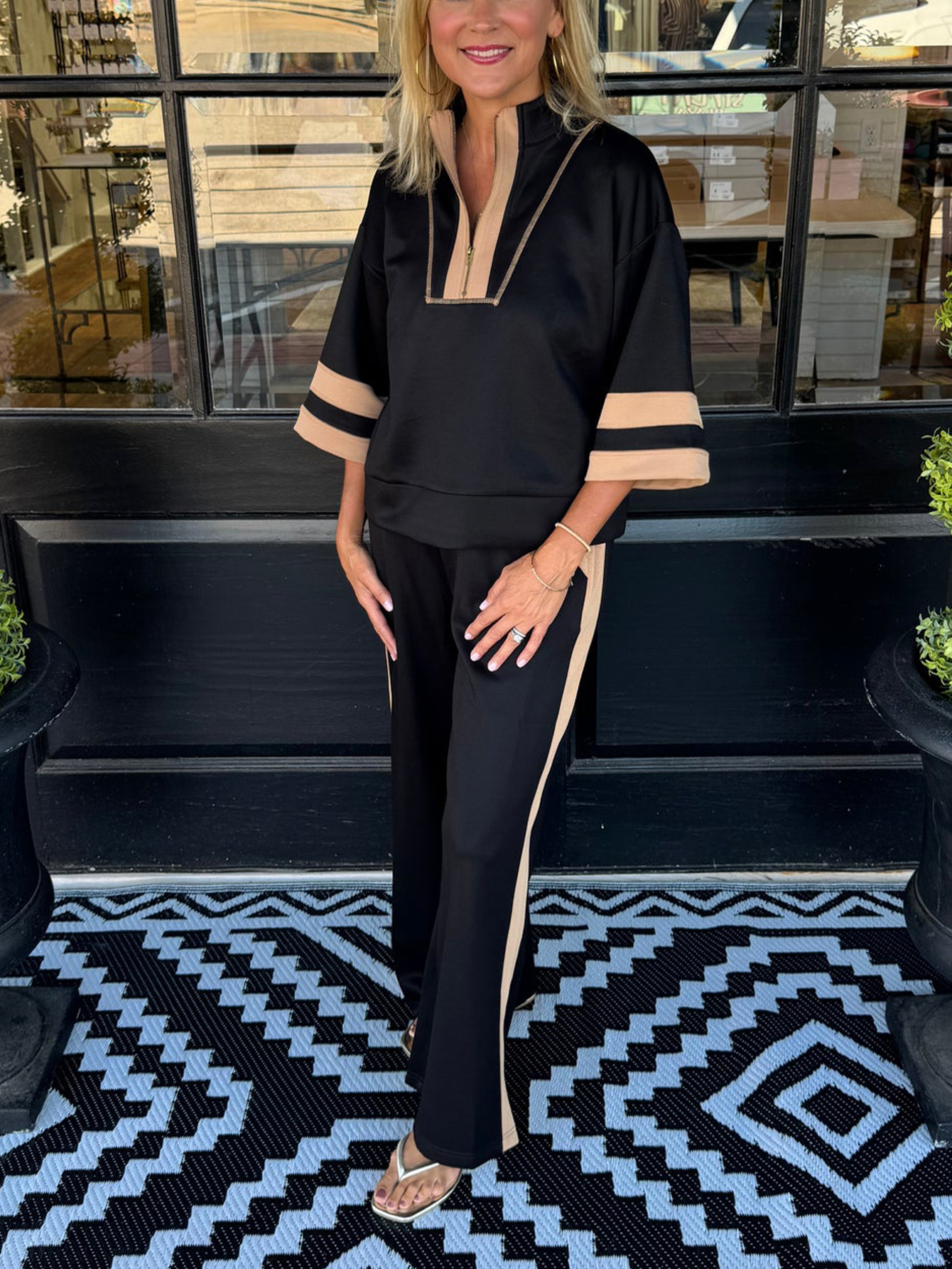 Black & Light brown Colorblock Zip-Neck Top & Side-Stripe Wide-Leg Pant Set