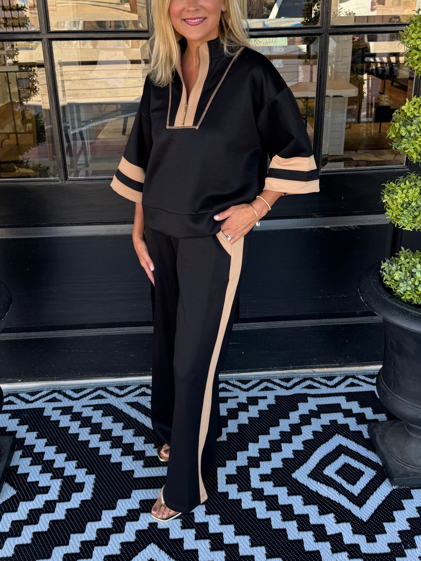 Black & Light brown Colorblock Zip-Neck Top & Side-Stripe Wide-Leg Pant Set