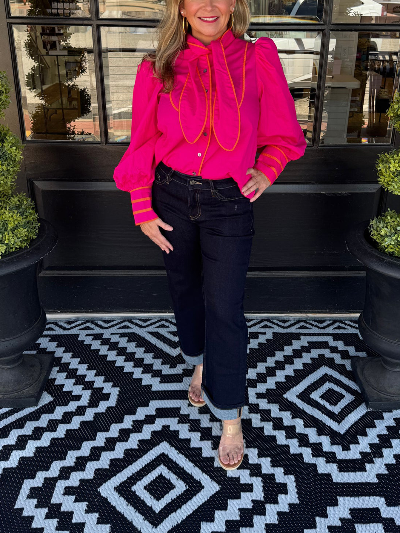 Contrast Piping Tie-Neck Long Sleeve Blouse