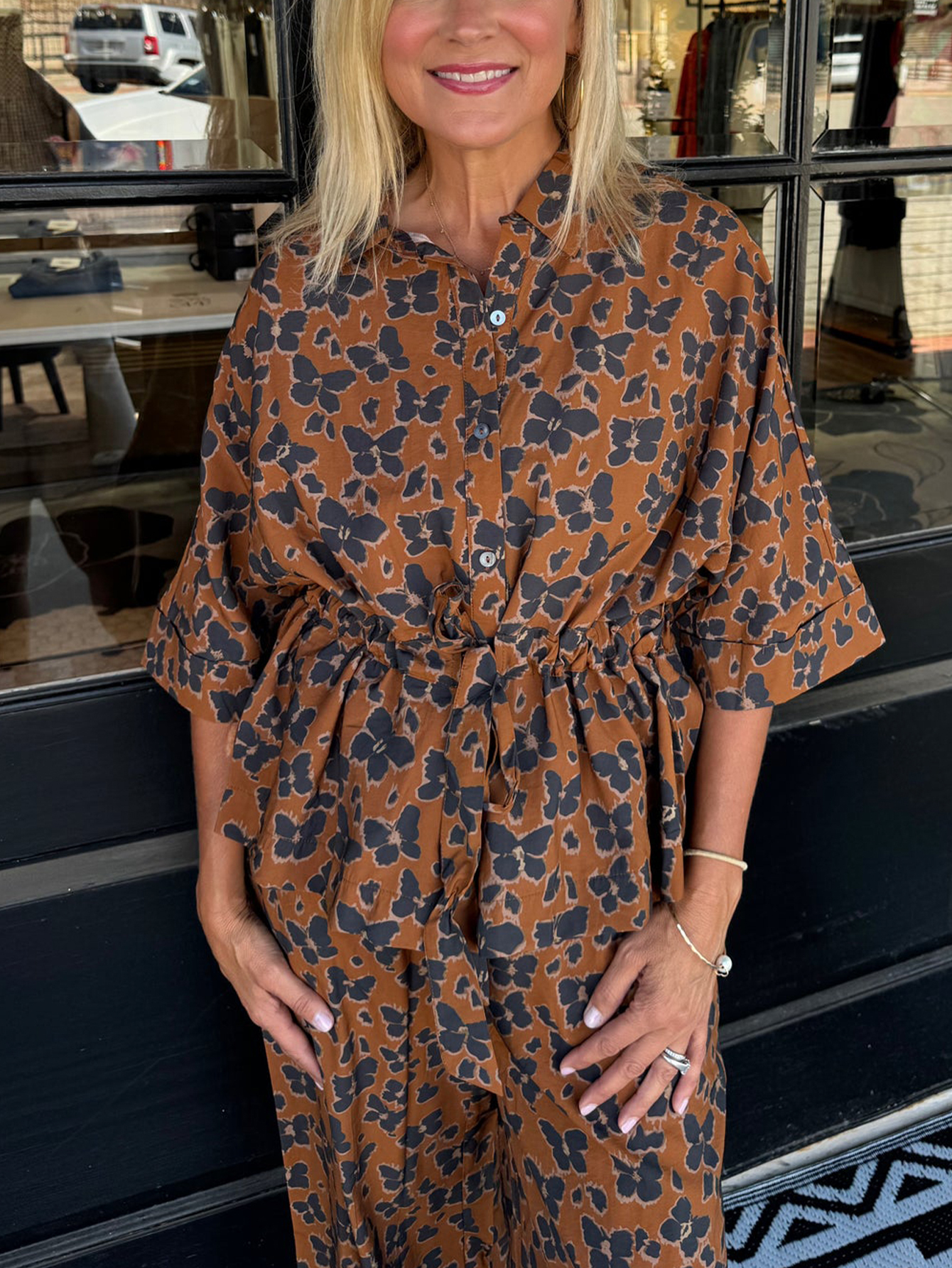 Rust Leopard Collared Shirt & Wide-Leg Pant Lounge Set