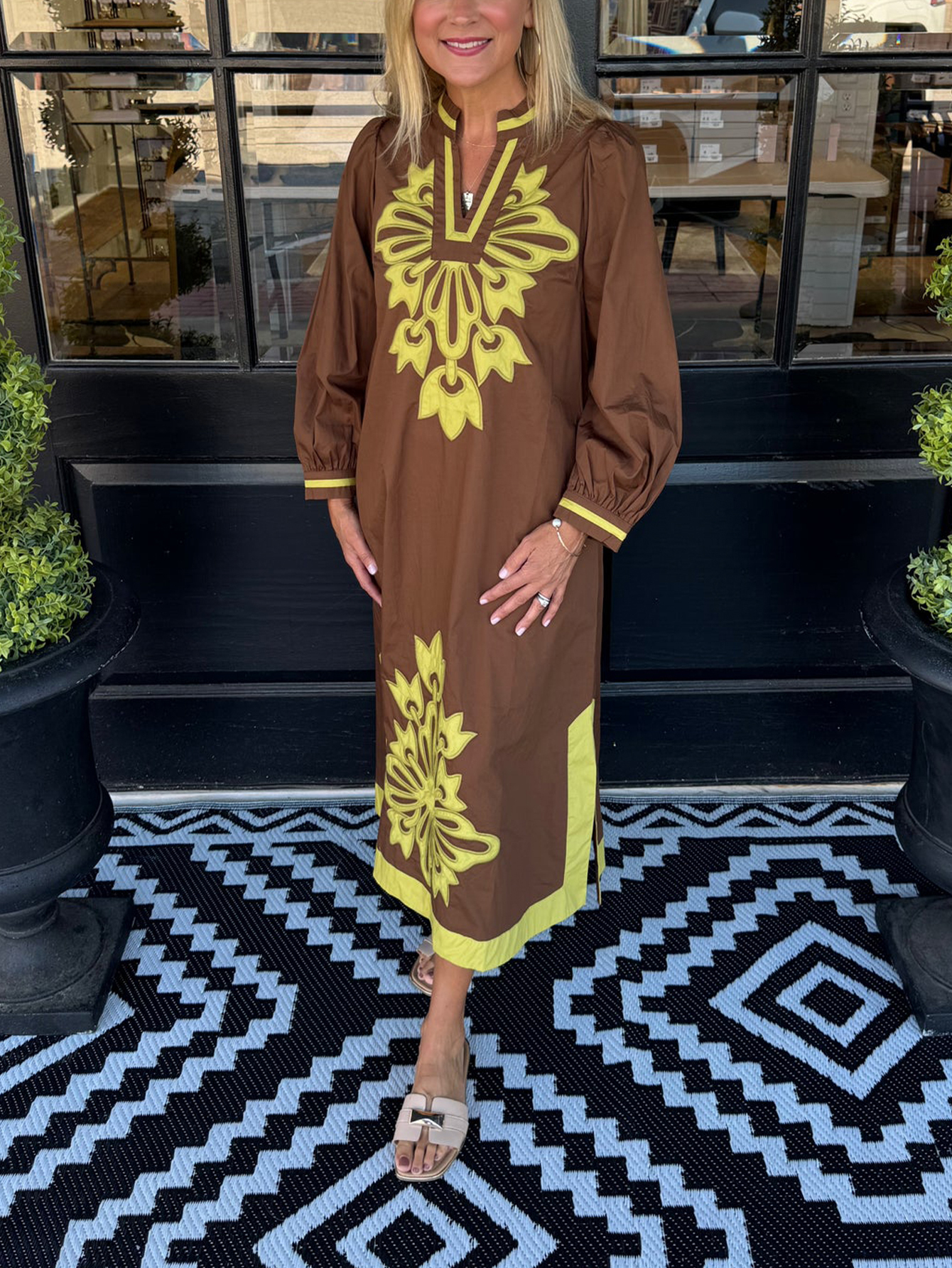 Women Brown Mustard Yellow Contrast Floral Embroidery Long Puff Sleeve Split Midi Caftan Dress