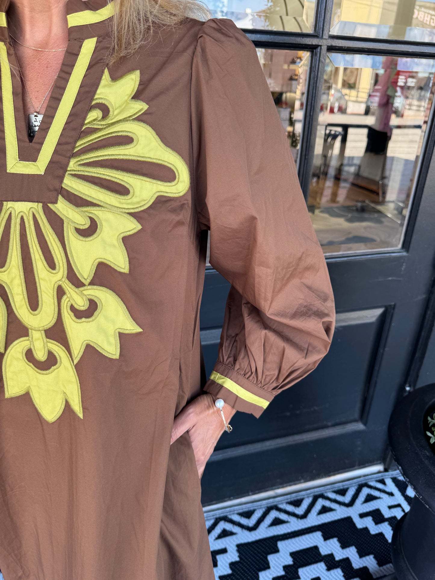 Women Brown Mustard Yellow Contrast Floral Embroidery Long Puff Sleeve Split Midi Caftan Dress