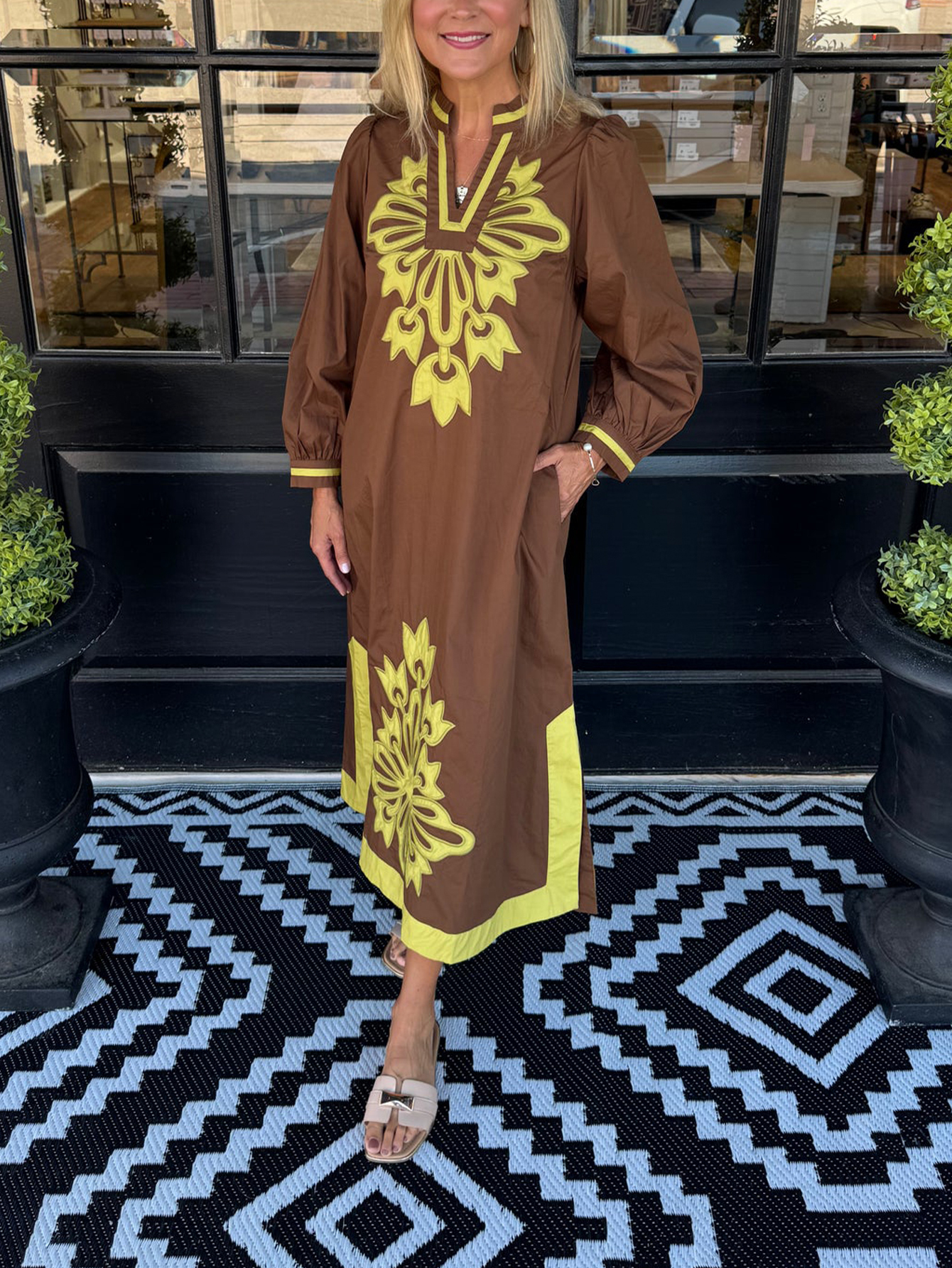 Women Brown Mustard Yellow Contrast Floral Embroidery Long Puff Sleeve Split Midi Caftan Dress