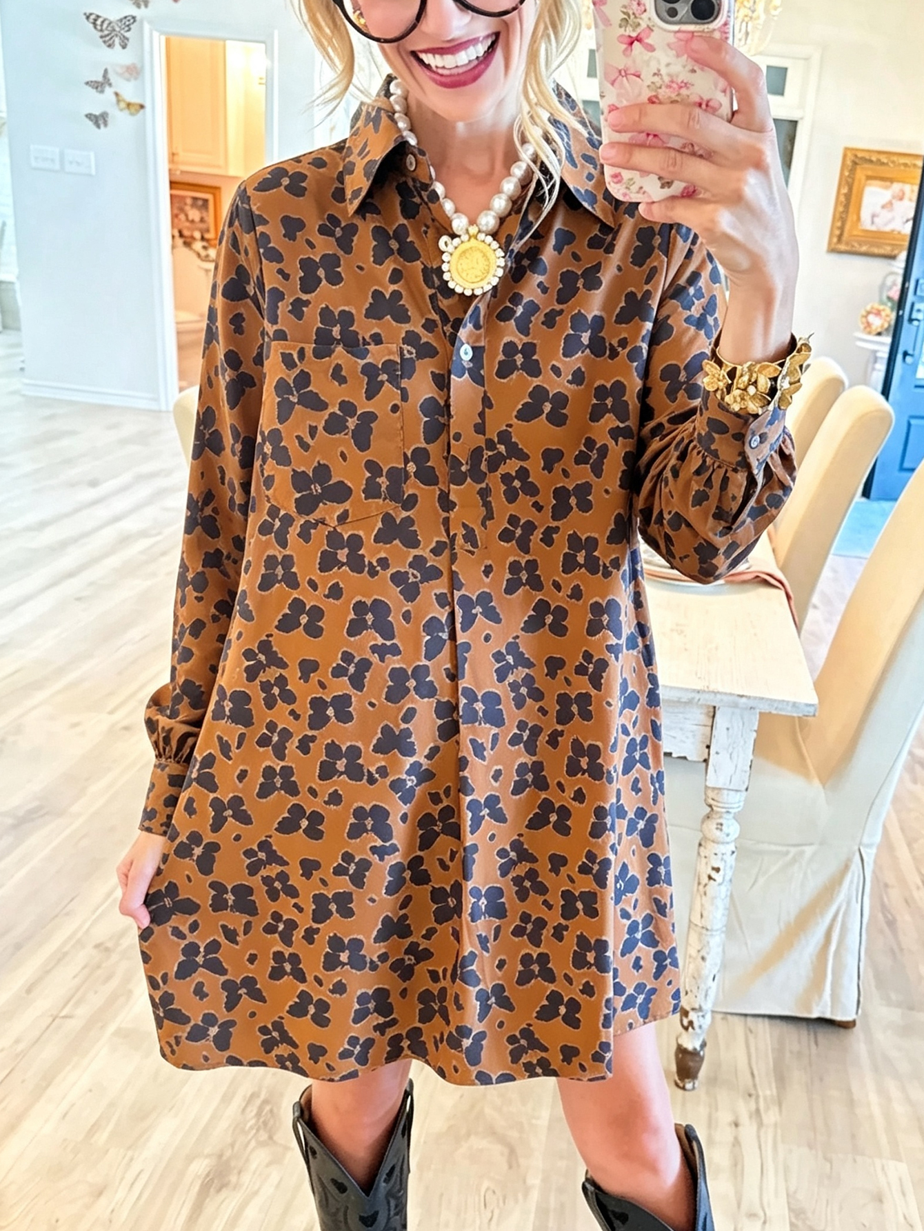 Autumn  Abstract Floral Long Sleeve Shirt Dress – Relaxed Fit Tunic with Button-Down Front