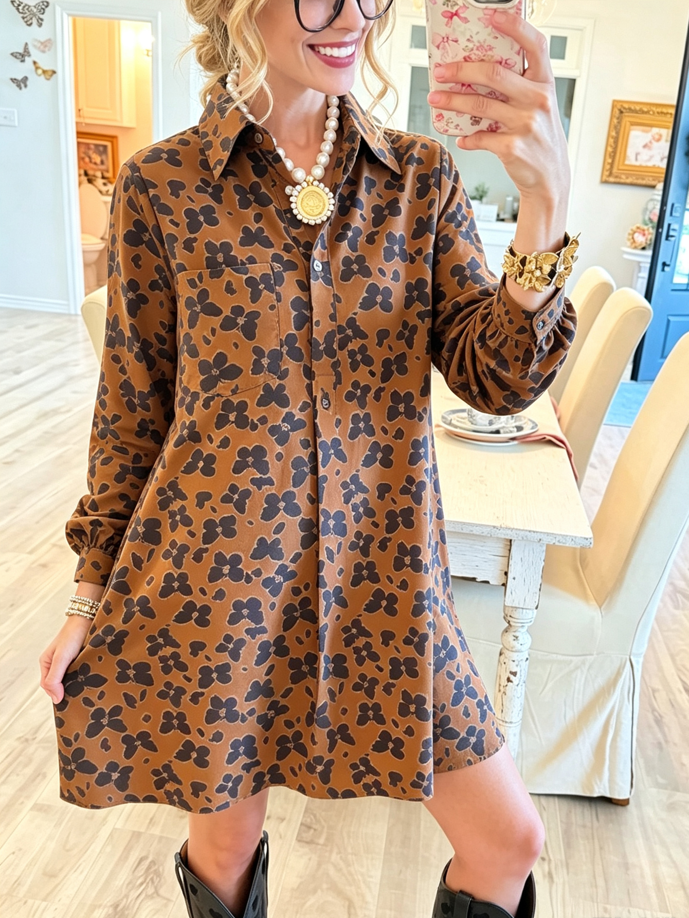 Autumn  Abstract Floral Long Sleeve Shirt Dress – Relaxed Fit Tunic with Button-Down Front