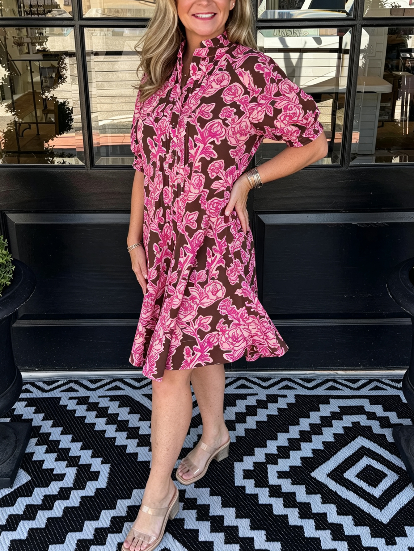 Brown Base Magenta Floral Print Puff Short Sleeve Shift Mini Dress