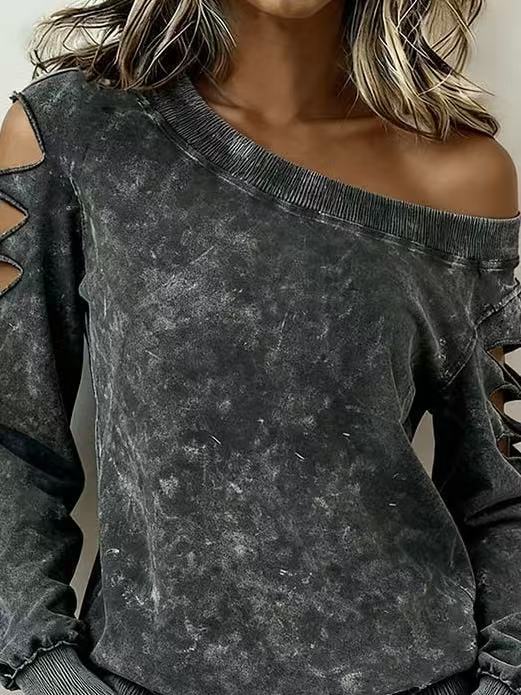 Grunge Washed Off‑Shoulder Hollow Cut‑Out Long Sleeve Knit Top.