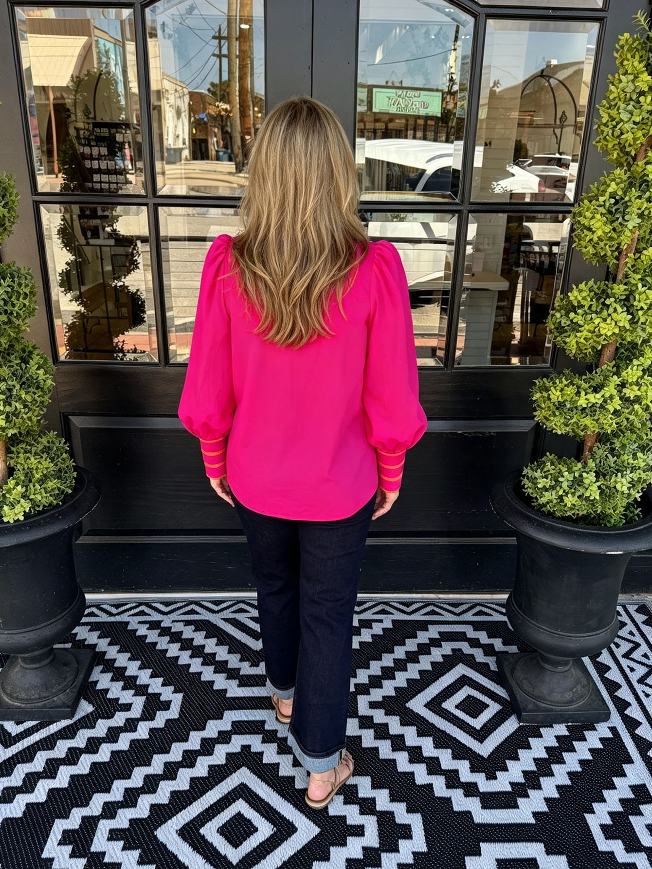 Contrast Piping Tie-Neck Long Sleeve Blouse
