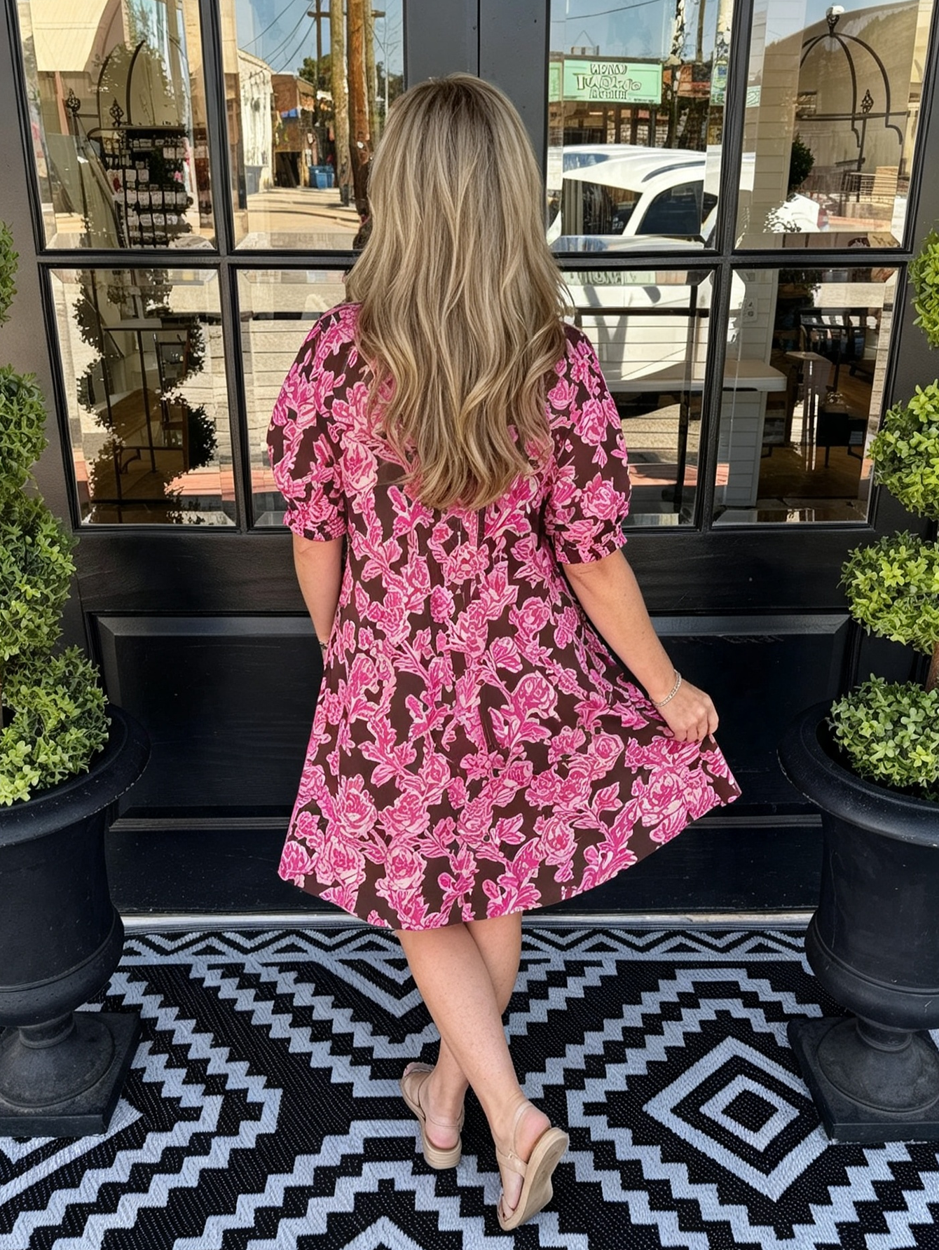Brown Base Magenta Floral Print Puff Short Sleeve Shift Mini Dress
