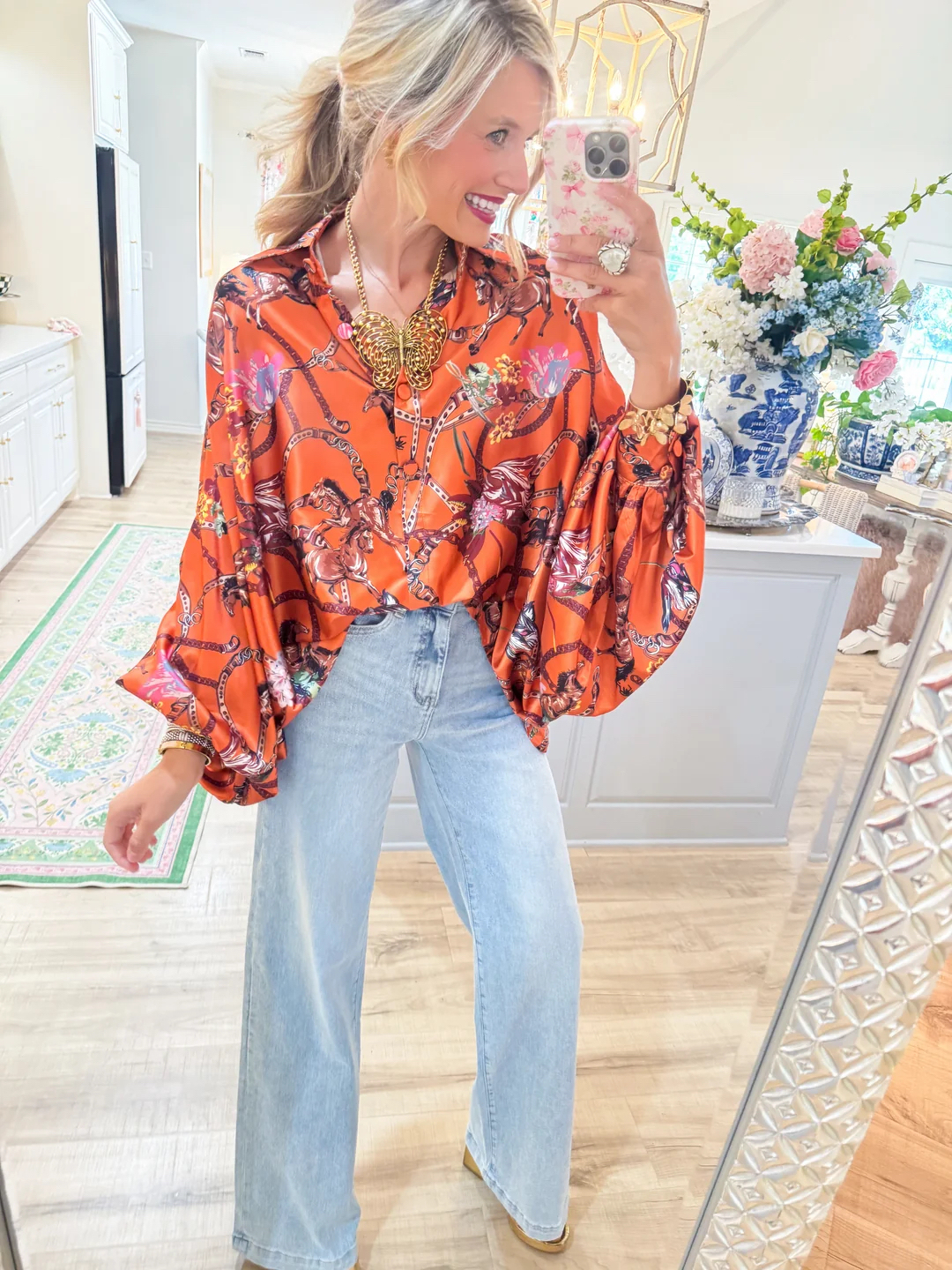 Vibrant Pumpkin Equestrian Print Lustrous Balloon Sleeve Blouse
