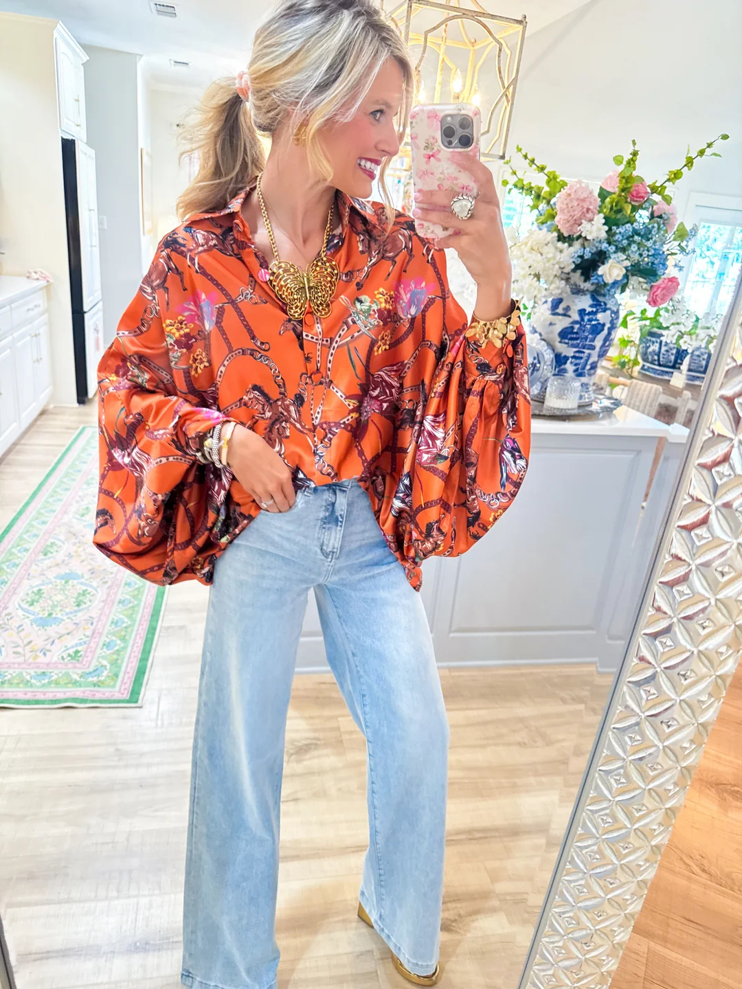 Vibrant Pumpkin Equestrian Print Lustrous Balloon Sleeve Blouse