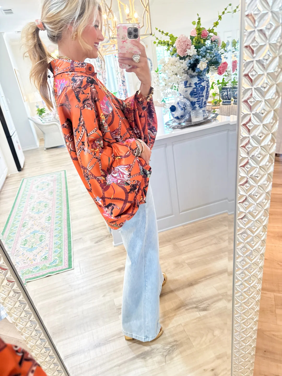 Vibrant Pumpkin Equestrian Print Lustrous Balloon Sleeve Blouse