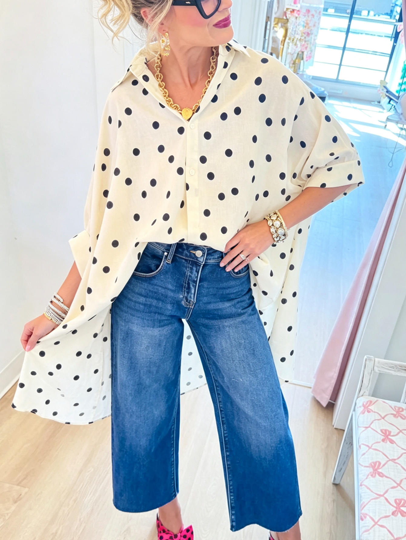 Whimsical Polka Dot Asymmetric Hem Button-Down Shirt