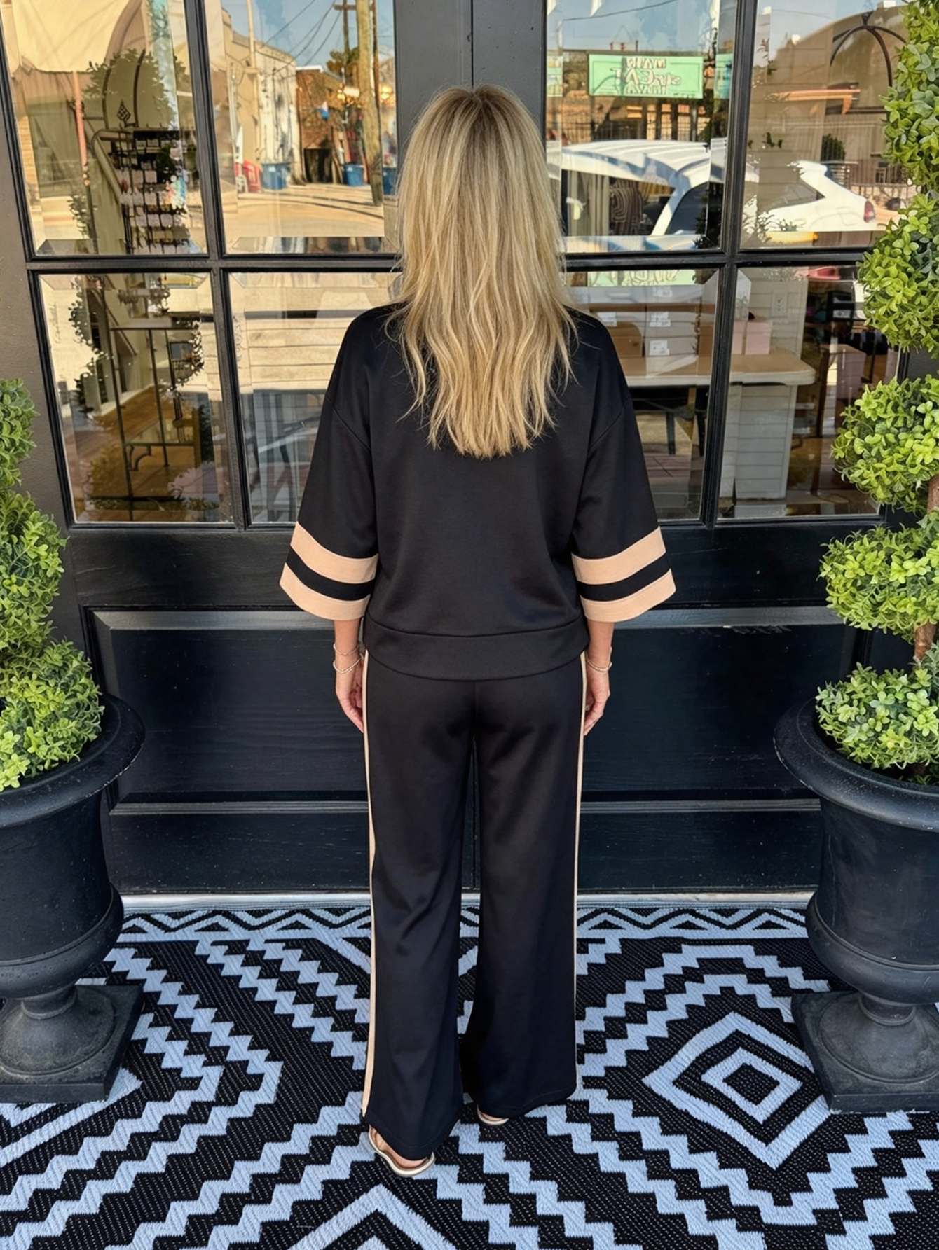 Black & Light brown Colorblock Zip-Neck Top & Side-Stripe Wide-Leg Pant Set
