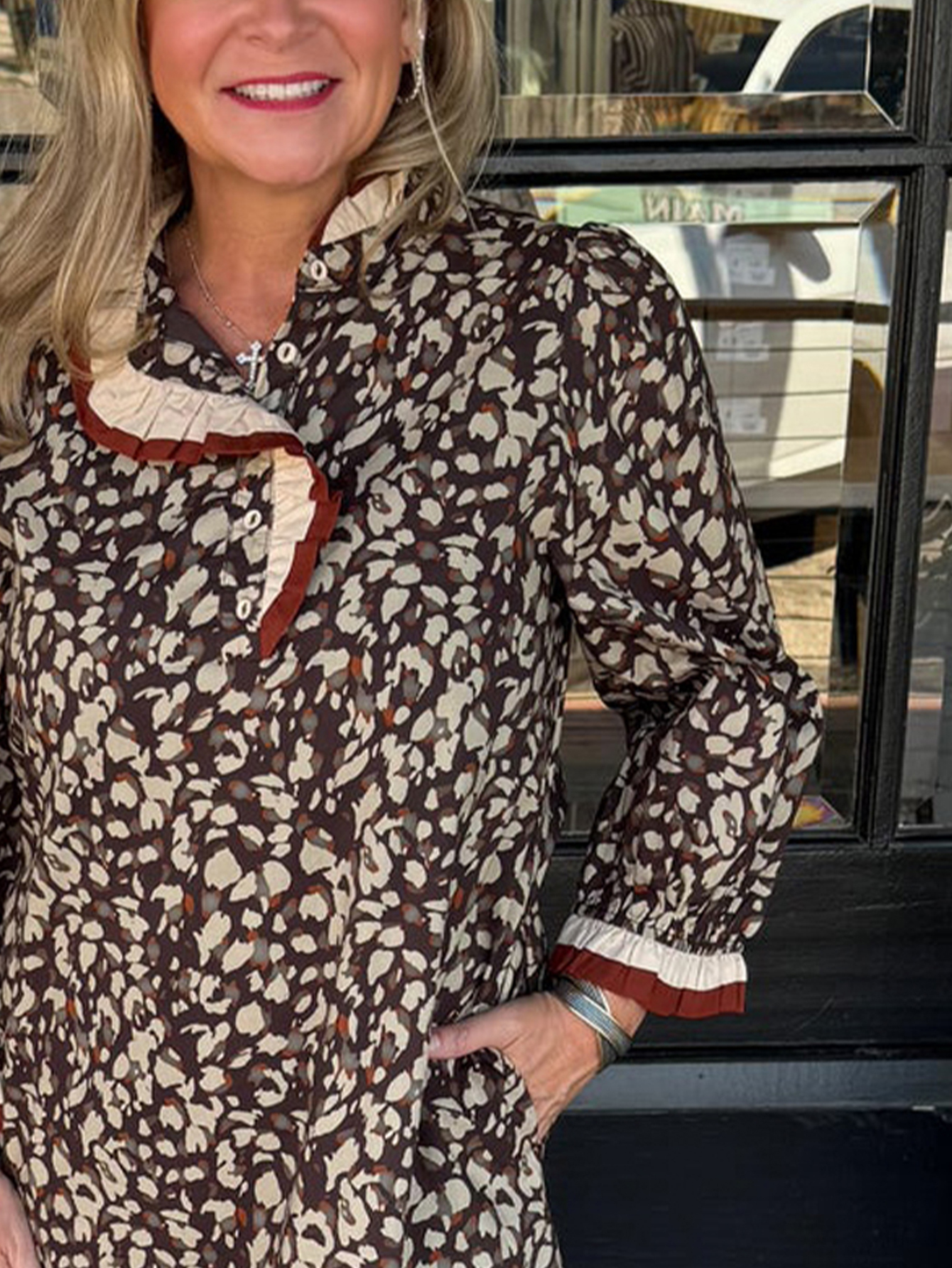 Vintage Floral Ruffle-Trim Long Sleeve Dress