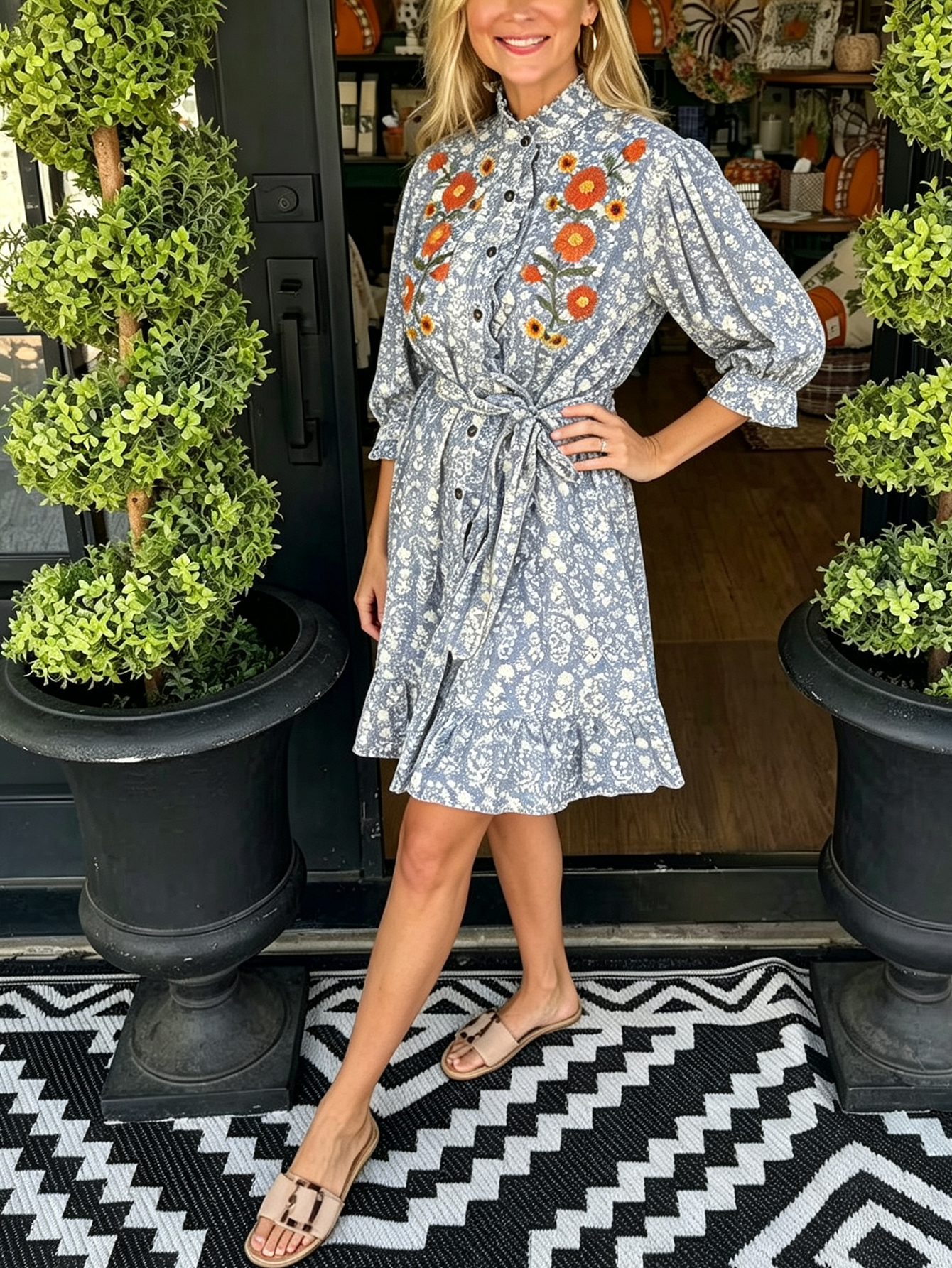 Embroidered Bodice Floral Shirtdress - Blue Ditsy Print