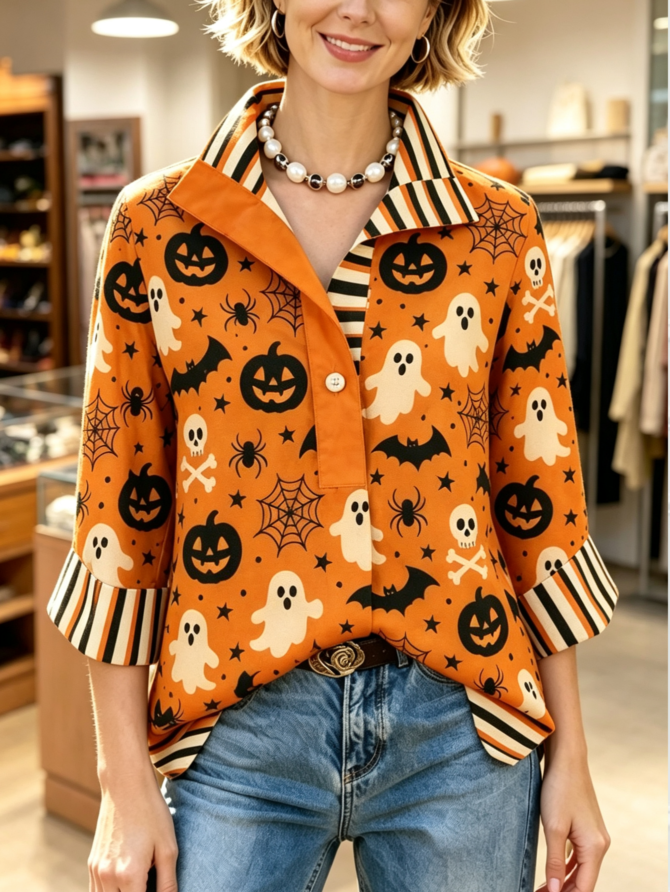 Spooky Chic Halloween  Contrast Stripe 3/4 Sleeve Button-Down Shirt