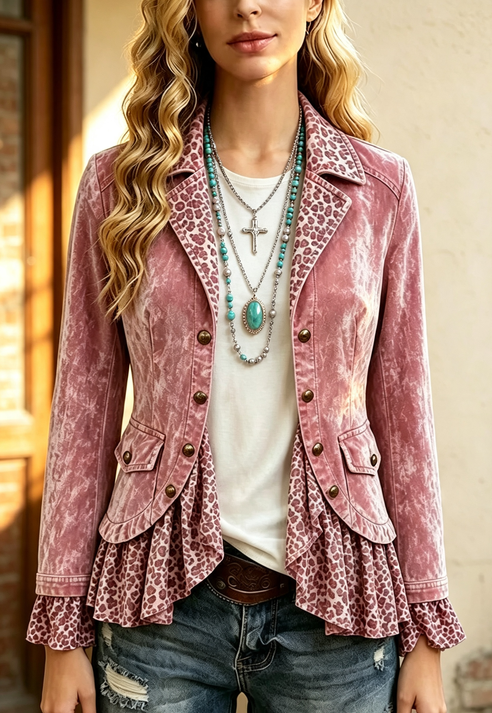 Wild Romance Velvet Peplum Jacket - Dusty Rose & Leopard Print