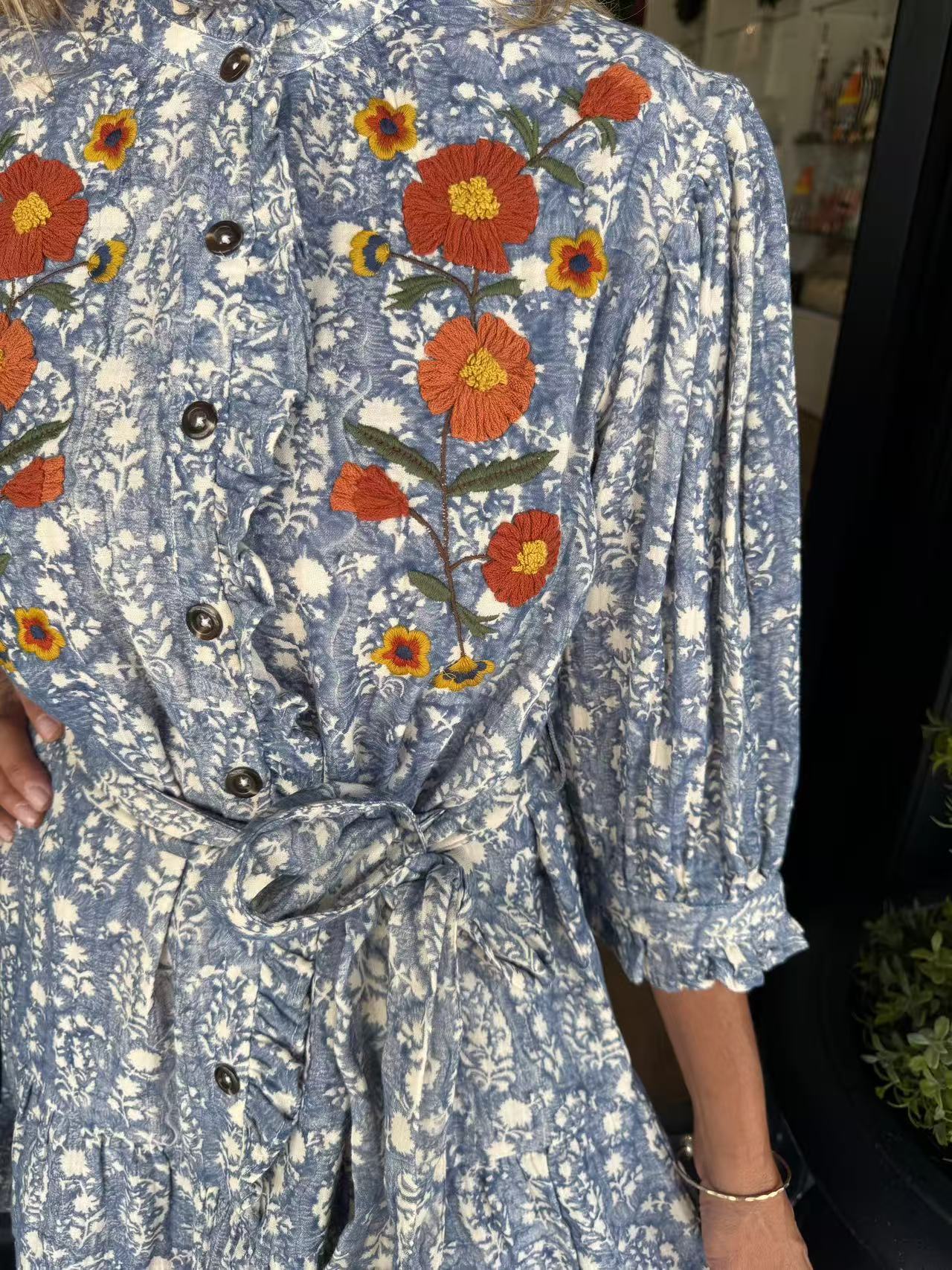 Embroidered Bodice Floral Shirtdress - Blue Ditsy Print