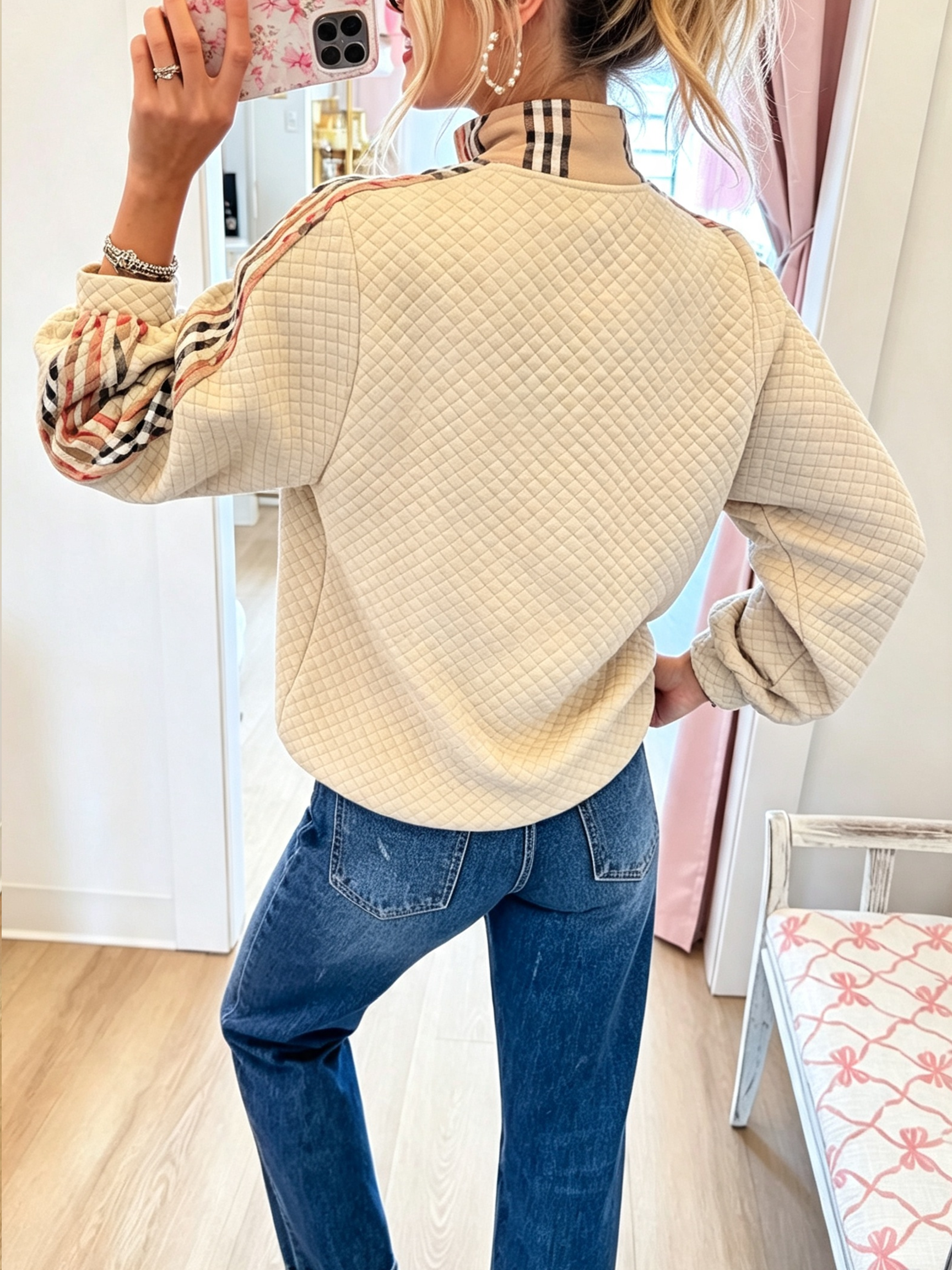Chic Quilted Half-Zip Pullover with  Lantern Sleeves