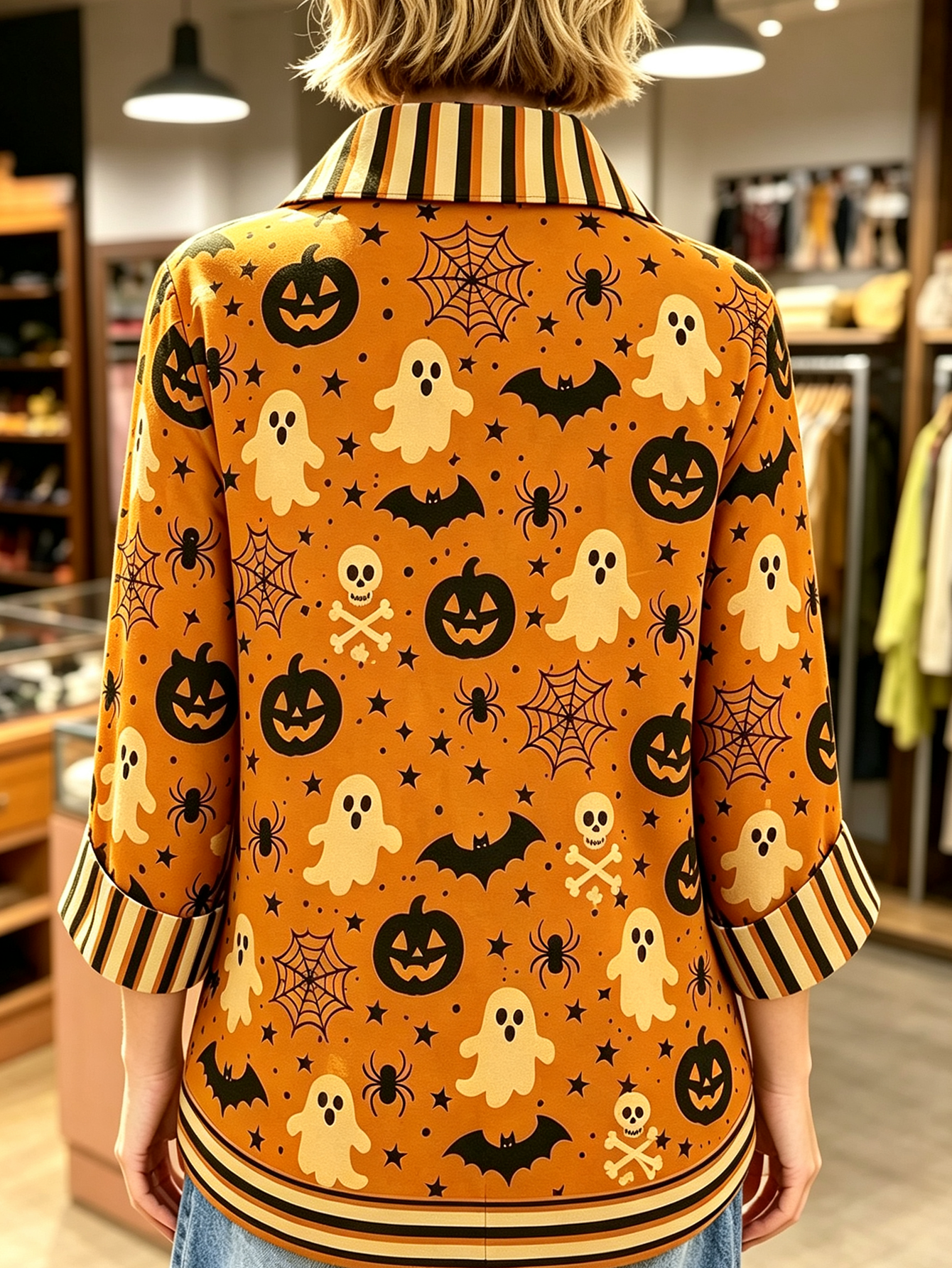 Spooky Chic Halloween  Contrast Stripe 3/4 Sleeve Button-Down Shirt