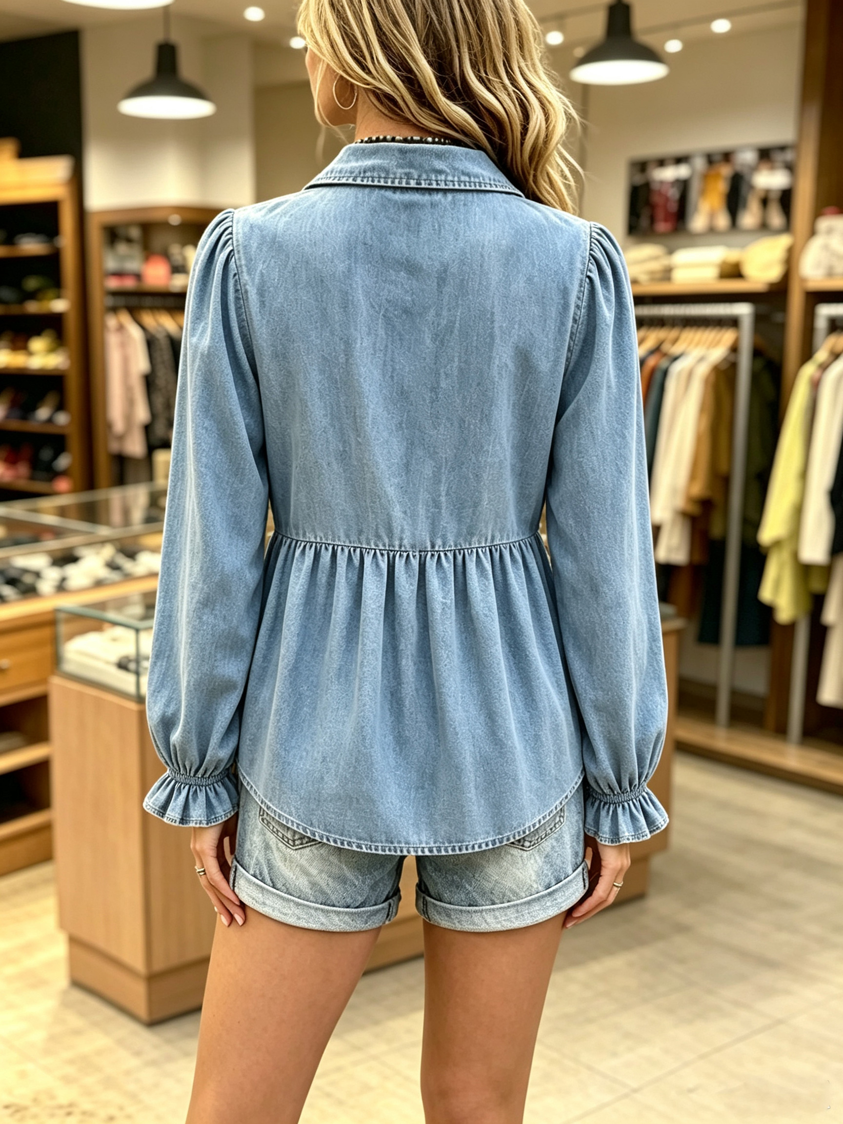 Boho-Chic Denim Ruffle V-Neck Peasant Blouse