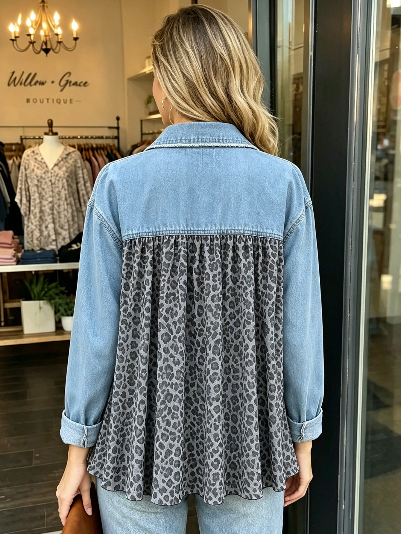 Leopard & Denim Patchwork Shirt Jacket