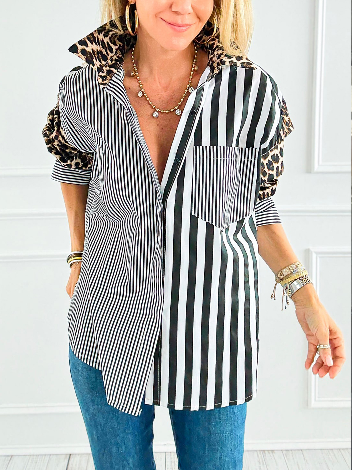 Wild & Wise Mixed-Print Stripe Button-Down Shirt