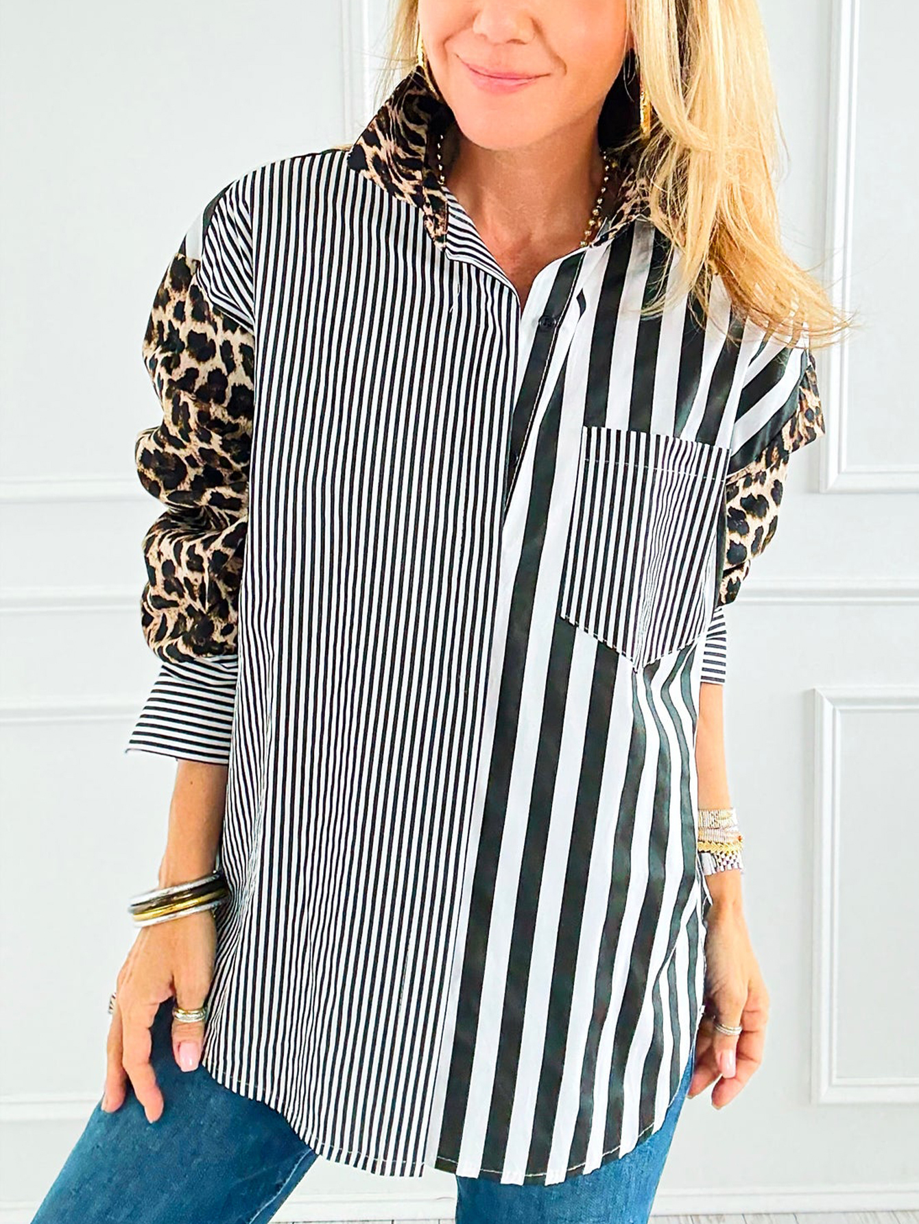 Wild & Wise Mixed-Print Stripe Button-Down Shirt