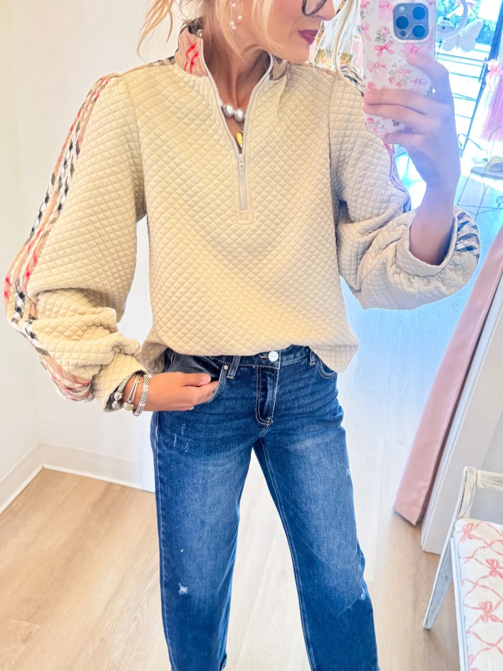 Chic Quilted Half-Zip Pullover with  Lantern Sleeves